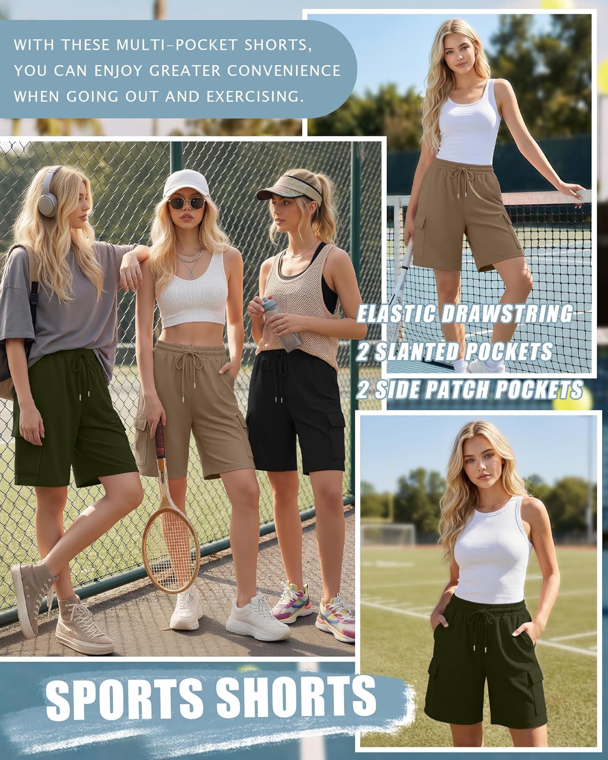 Neer 3 Pack Women's Bermuda Shorts Cargo Elastic Drawstring Knee Length Shorts Casual Loose Yoga SweatShorts with 4 Pockets - Image 3