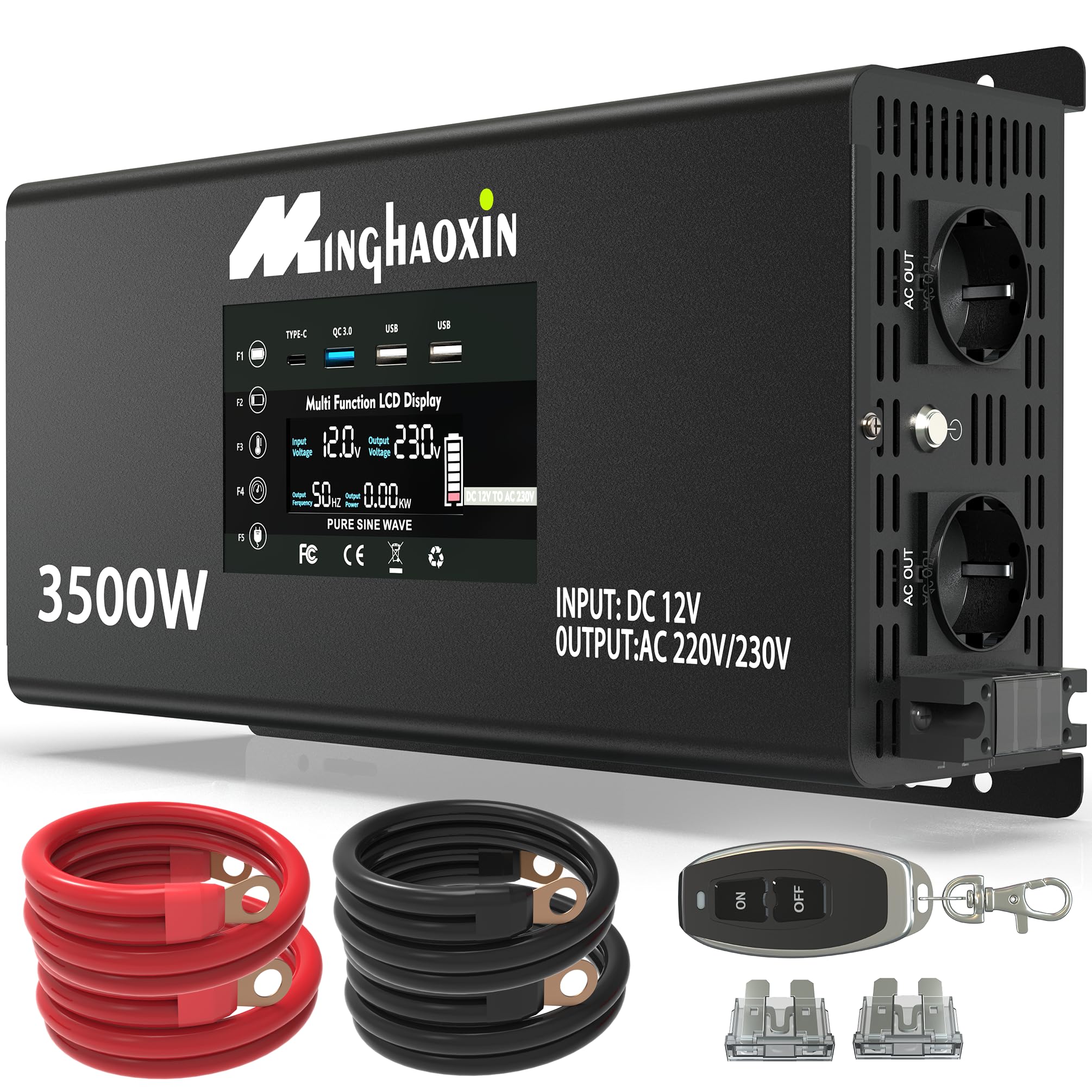 Minghaoxin Wechselrichter 3500W/7000W 12V auf 230V Reiner Sinus | Konverter mit 2 EU Steckdose, USB-A/C, LCD-Display-Fernbedienung, für Solar,Fahrzeuge,Wohnmobil(Spitzenleistung 7000 Watt)