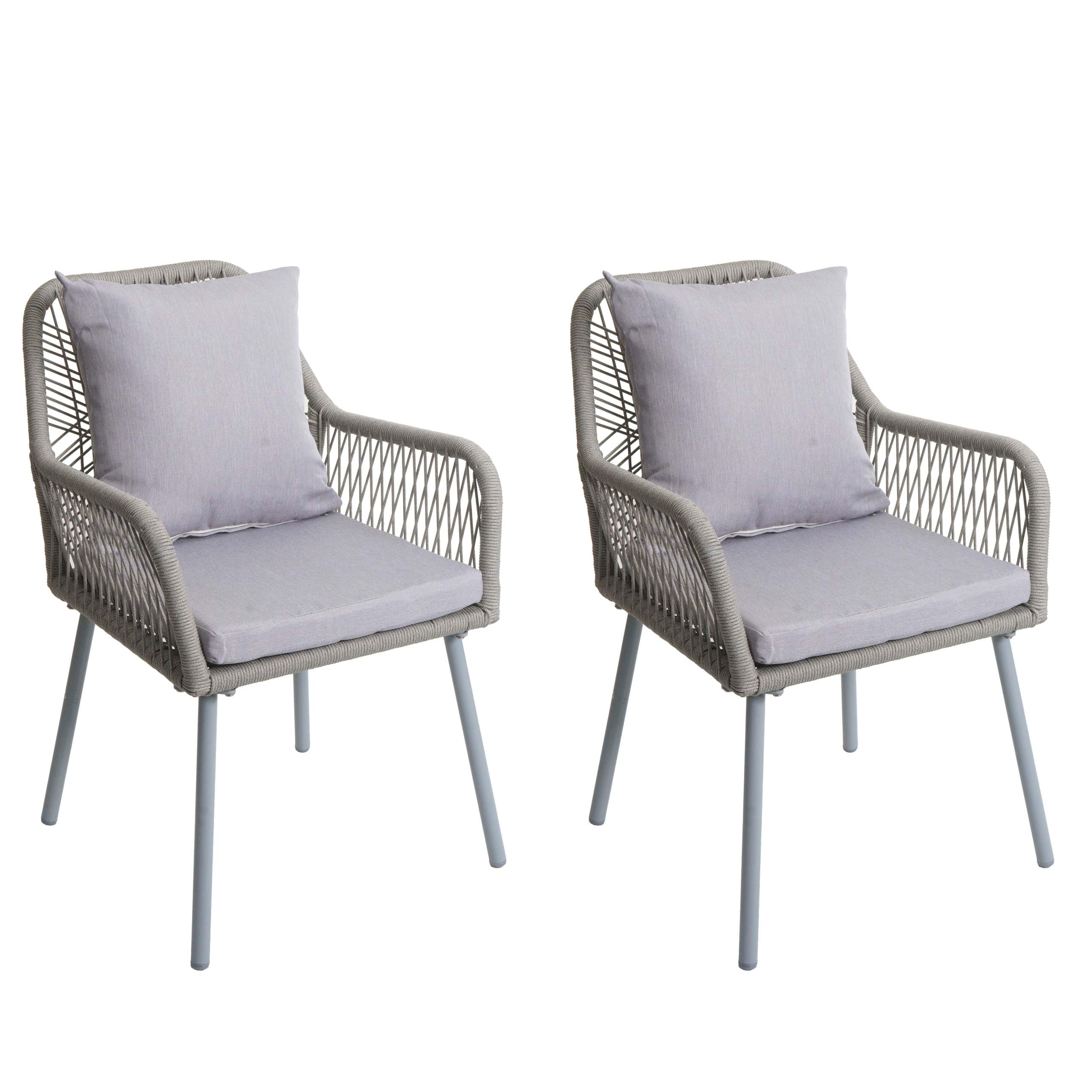 Mendler Juego de 2 sillas de jardín HWC-O12, cojín para asiento y respaldo de exterior, cuerda trenzada de aluminio, color gris, funda gris