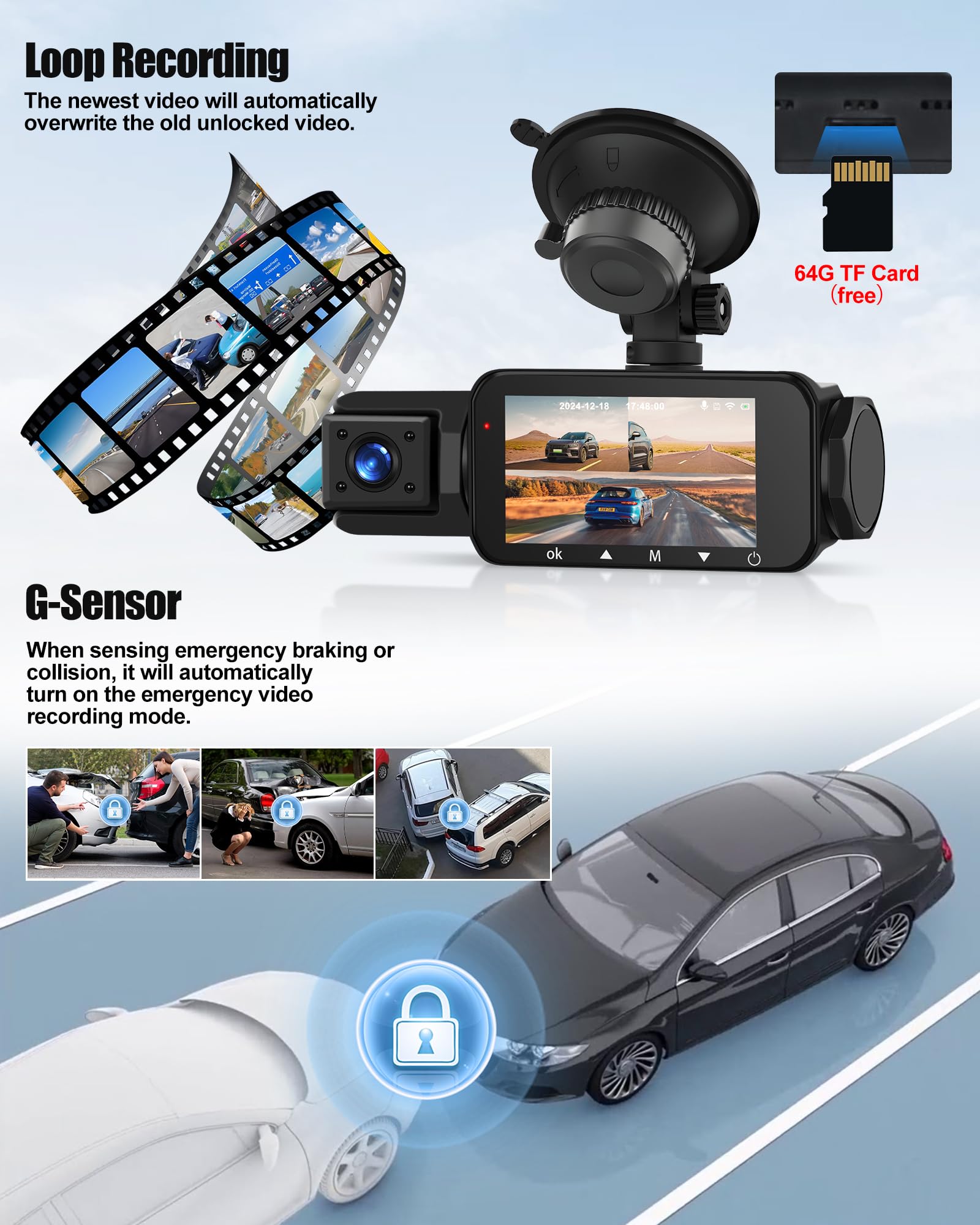 Dash Cam 4 Canali 1080P Con Telecamera 360° - WiFi, Display IPS 3", Visione Notturna, Parcheggio 24h - Include 64GB - Foto 6