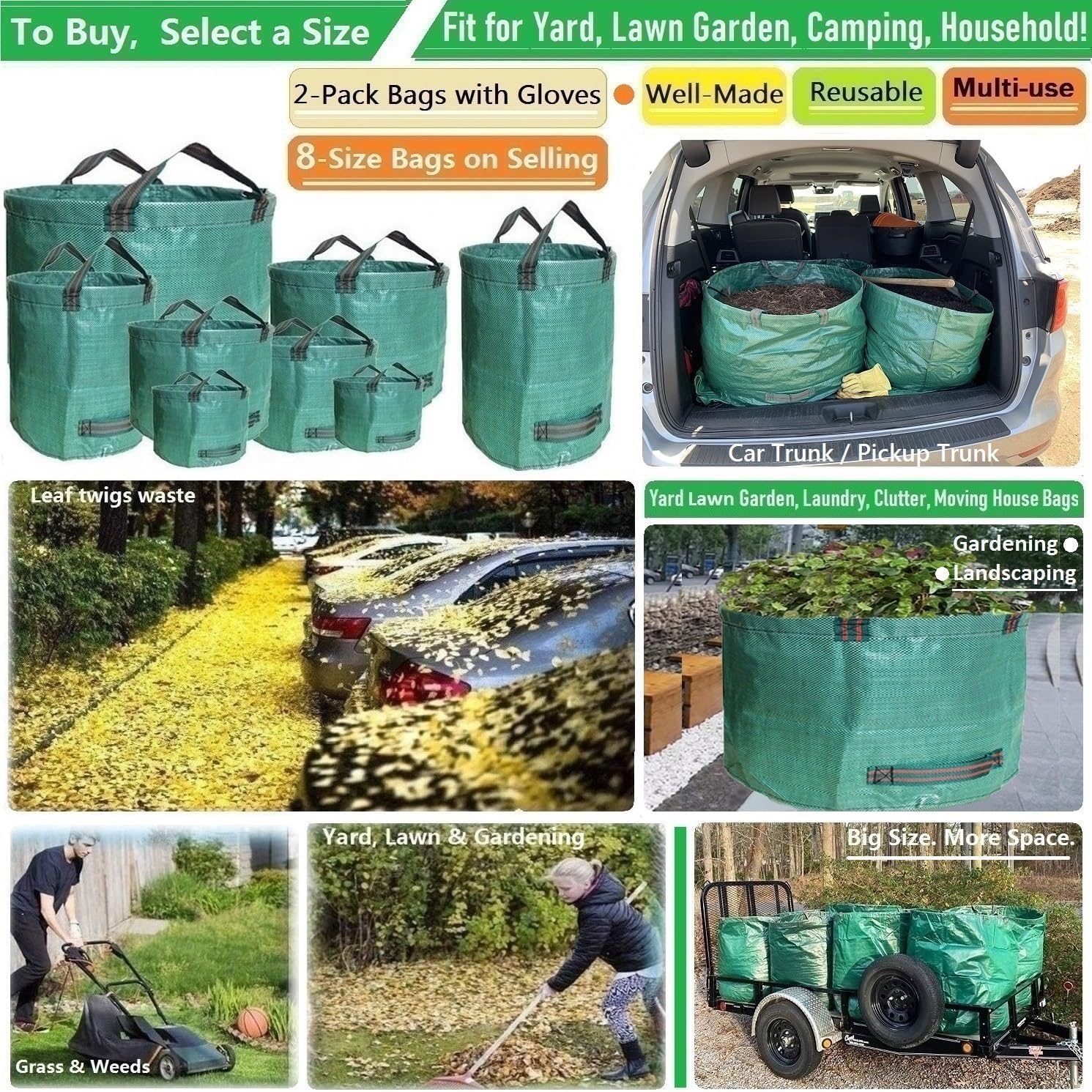 Professionelle 2er-Pack Rasen-Garten-Abfallbeutel (D31, H 48 cm) mit Gartenhandschuhen, stehend, wiederverwendbar, Laubgrasbeutel, Gartenabfallbehälter, Rasen-Hof, Abfallbeutel mit 4 Griffen