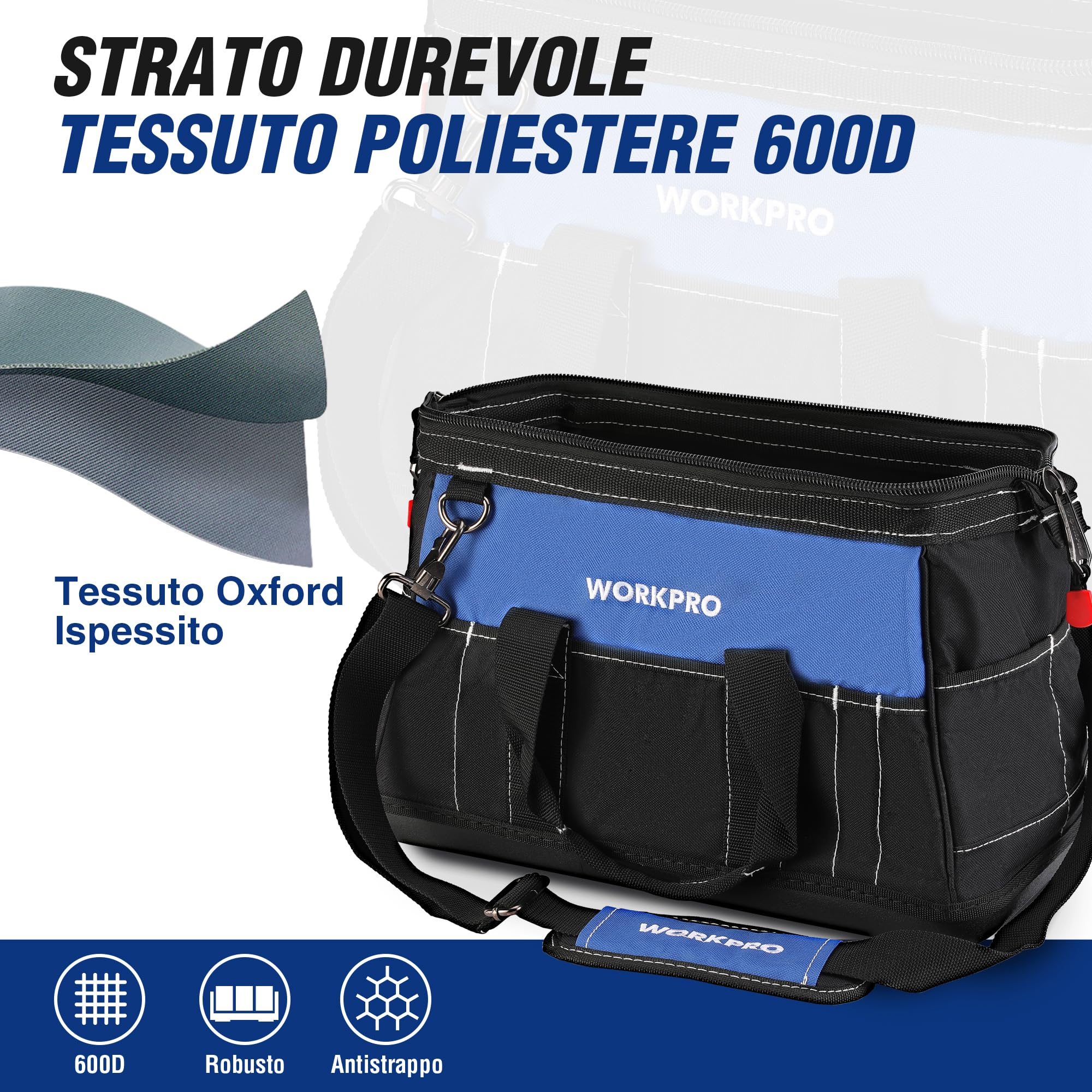 WORKPRO Borsa porta Attrezzi Lavoro a Bocca Ampia 40 x 22 x 26 cm, Multitasche per Impieghi Pesanti, con Base Rigida in Plastica Impermeabile, Portautensili