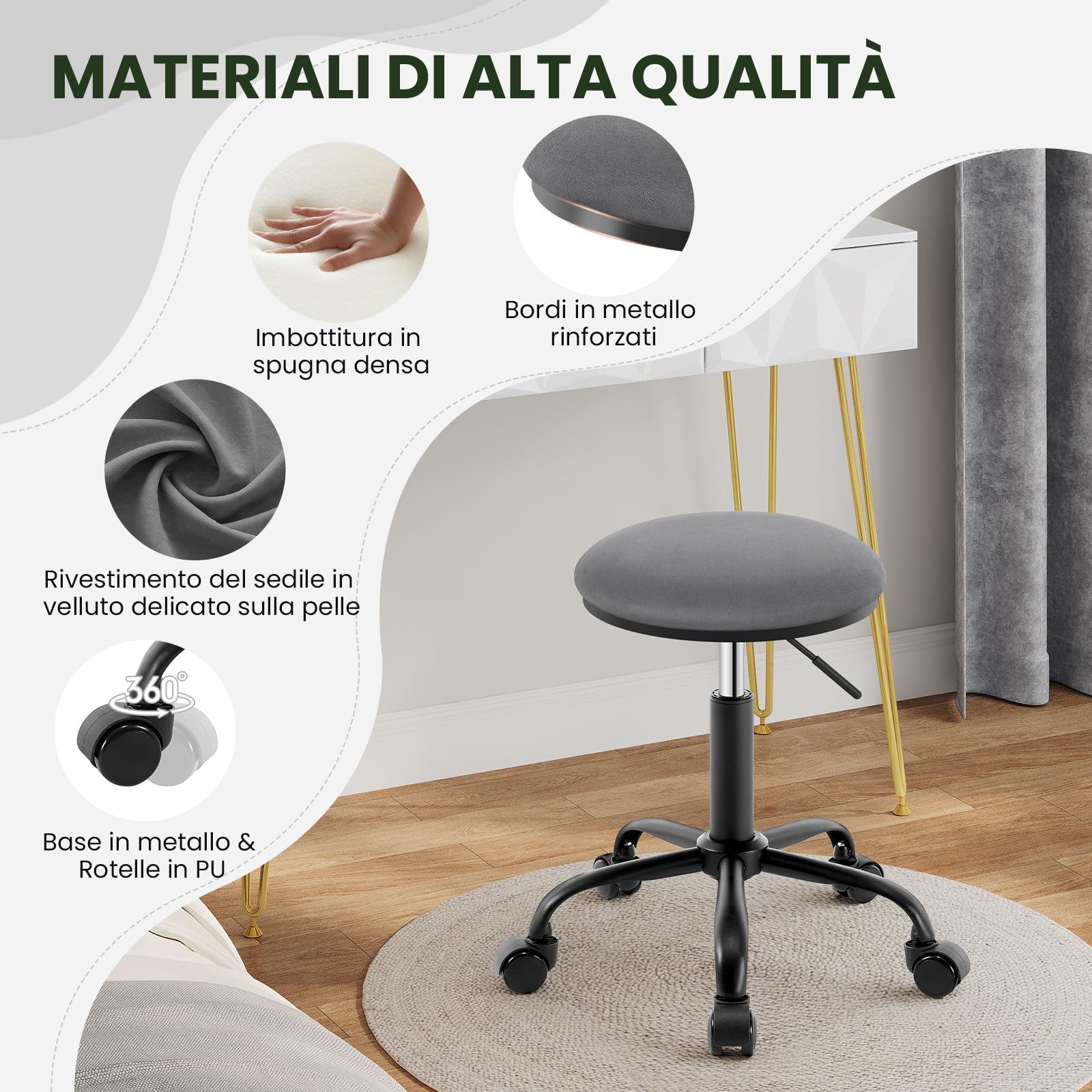 EUGAD Sgabello Rotondo con ruote, Sedia da trucco, Velluto, Grigio scuro | Regolabile in Altezza, Sgabello Girevole a 360°con Rotelle, per Camera da Letto Studio Soggiorno Cucina