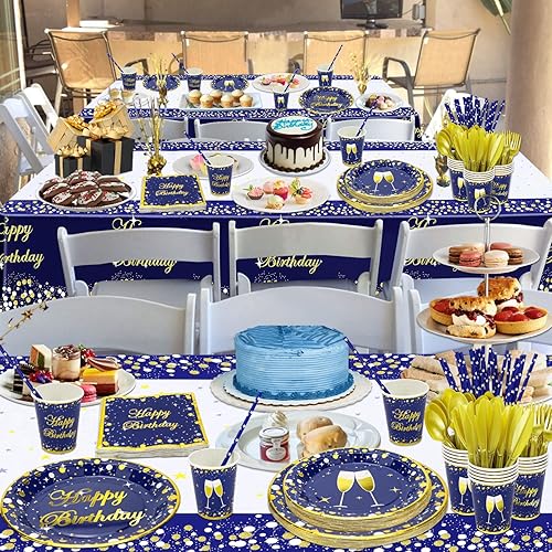 Miniatura 5 de 167 piezas de artículos esenciales de fiesta azul y dorado: pancarta, platos, servilletas, tazas y mantel dorado para baby showers, bodas