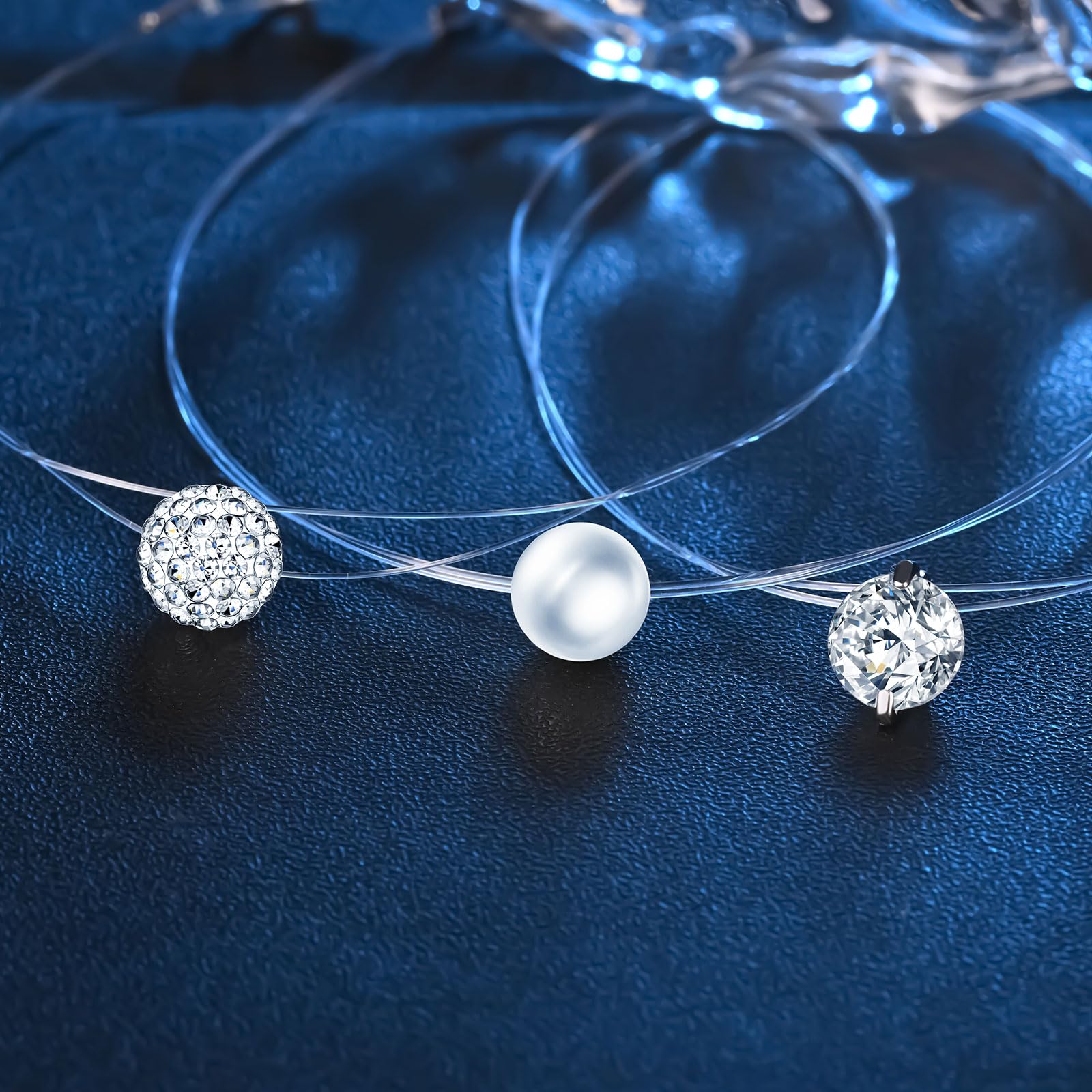 3 Pièces Collier Solitaire Femme Ras du Cou Pendentif Perle/Boule de Cristal/Zircone Ronde, Fermeture en Argent 925, Colliers Invisible Nylon Transparent Bijoux pour Femmes et Filles