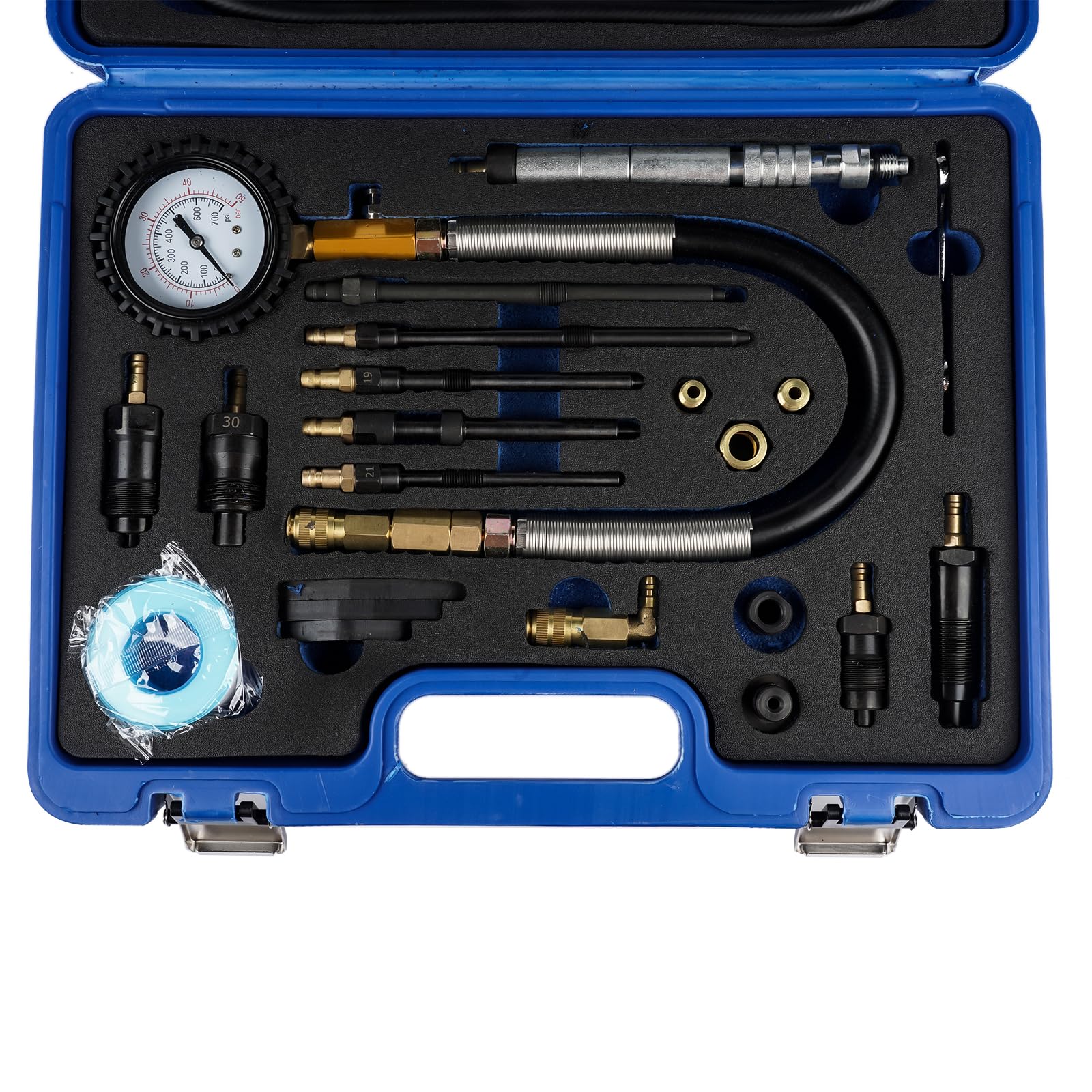 Probador de Compresión Probador de Pérdida de Presión para Motores de Gasolina y Diesel Motores de Autos y Camiones, con 34 Adaptadores Diferentes, 725 PSI - Estuche Exterior Azul