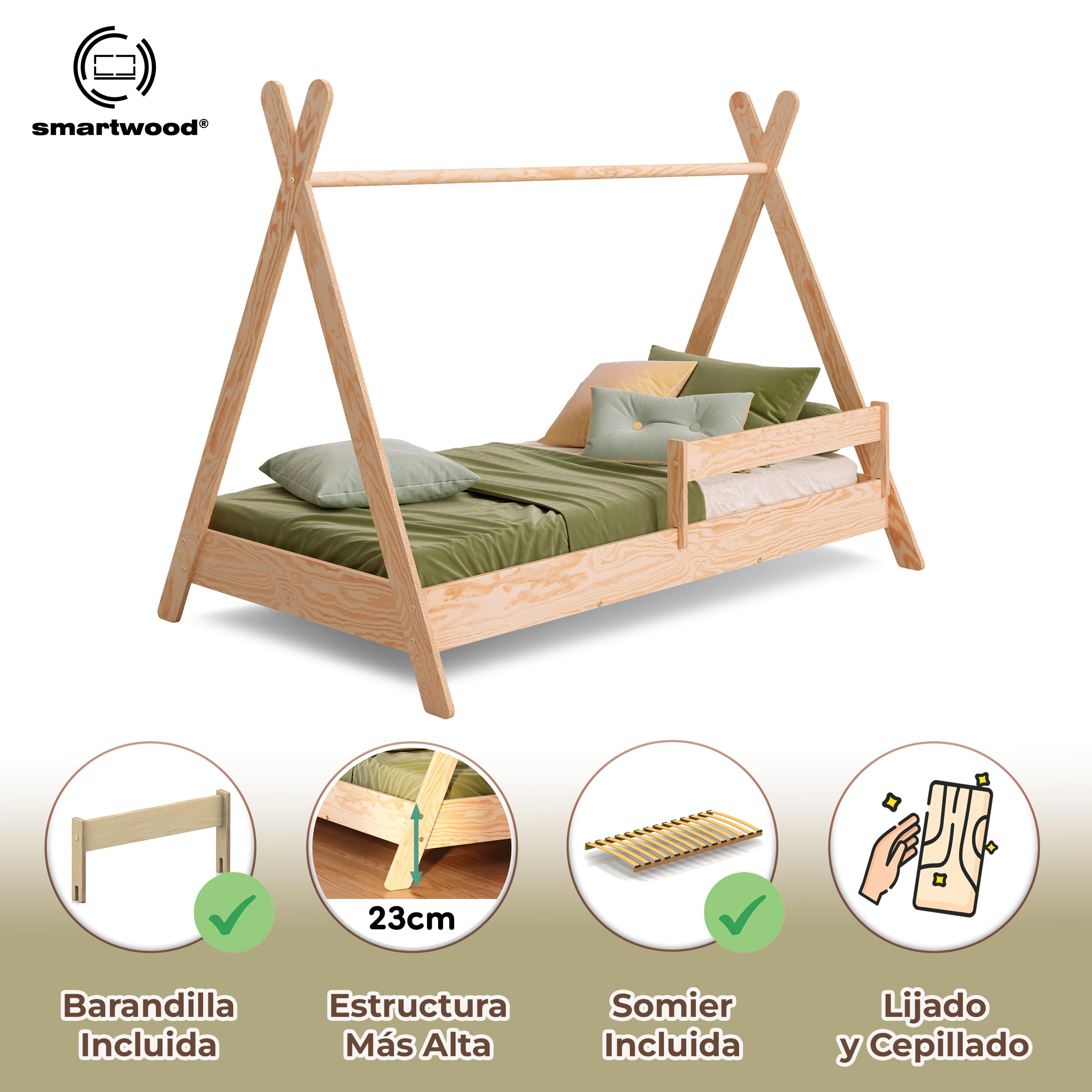 smartwood Cama Casita 80x160 cm - Cama Infantil Tipi de Madera de Pino FSC con Barandilla Anti-caídas y Somier de Lamas hasta 230 kg - para Niño y Niña - Montaje Fácil