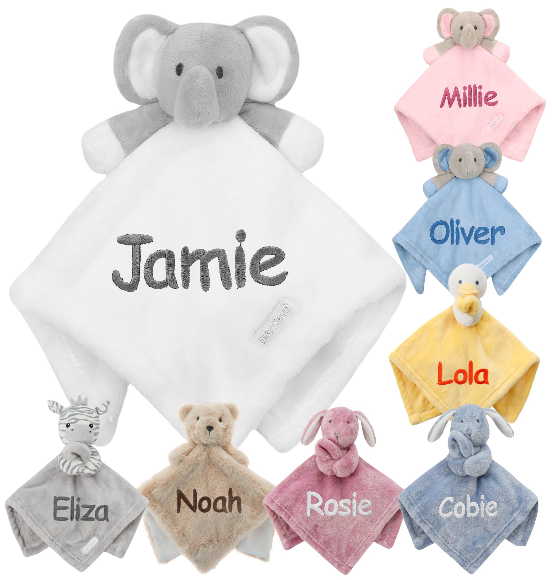 Personalised Baby Comforter Blanket Newborn Christening Shower Gift Boy Girl Keepsake Soft Snuggly Toy Blankie (White Elephant)