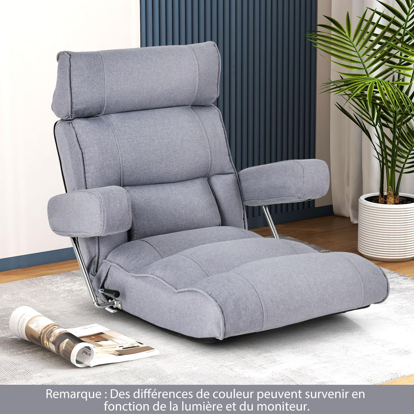 RELAX4LIFE Fauteuil de Sol Pliable avec Dossier Réglable 90-180°|Appui-Tête Réglable|Support Lombaire|Position à Plat|Accoudoirs Rabattables, Fateuil Relaxant pour Salon Chambre Bureau (Gris)