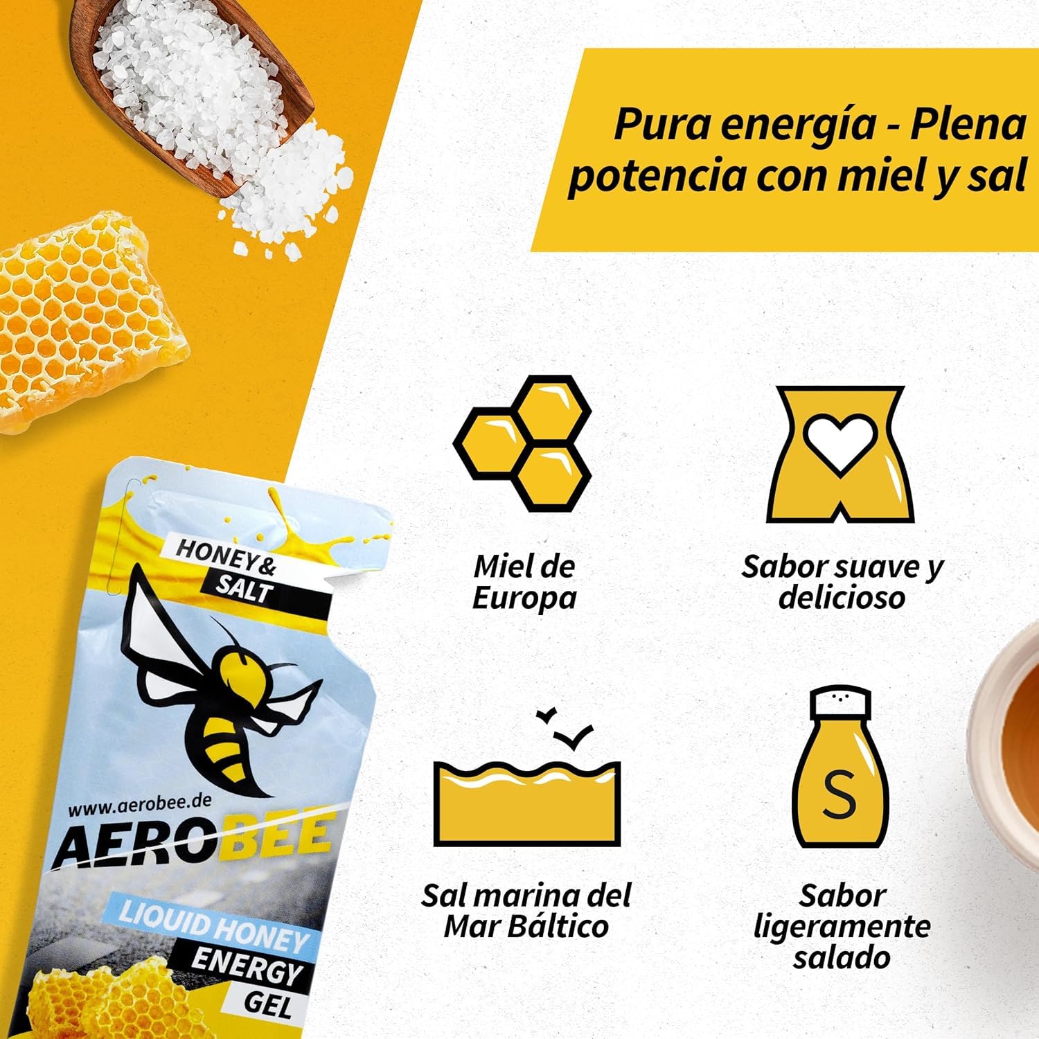 AEROBEE Energy Liquid Gel - Sabor a Miel y Sal 10x26g [Energético líquido 100% natural de miel] Gel líquido deportivo para ciclismo, deportes de resistencia, running, maratón, gel de carbohidratos