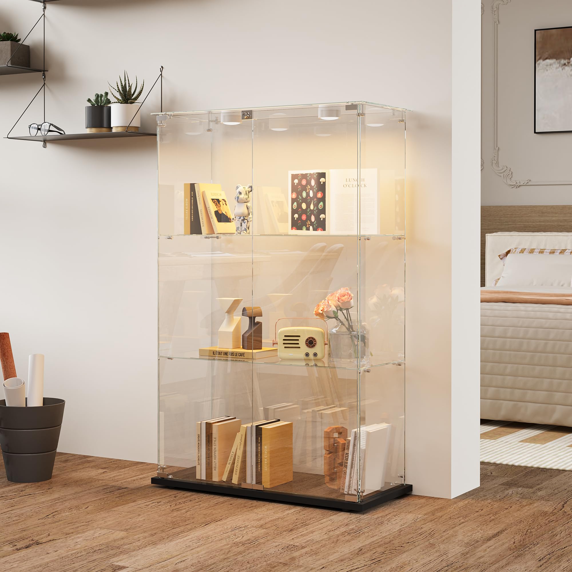 3-poziomowa zamykana witryna wystawowa ze światłami LED, 123 x 35 x 78 cm, ciekawska witryna na przedmioty kolekcjonerskie, elegancka witryna do przechowywania w salonie, futrzana witryna