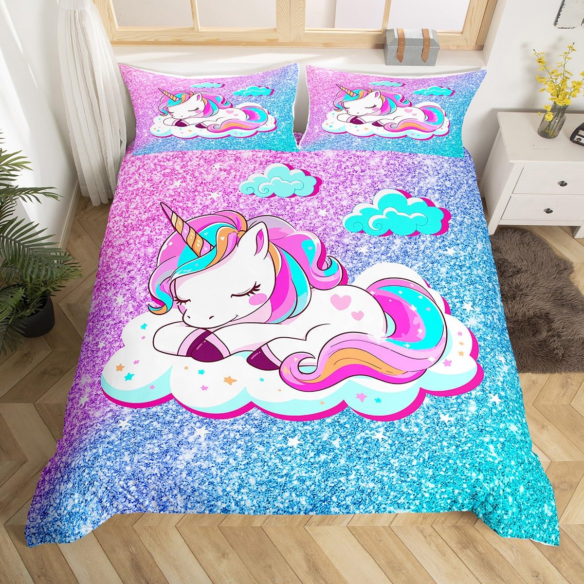 Loussiesd Girls Unicorn Bedding Set Girly Glitter Animal Duvet Cover For Kids Child Teens Pastel Rainbow Dreamy Horse Comforter Cover Pink Blue Bright Super King Size — image 1