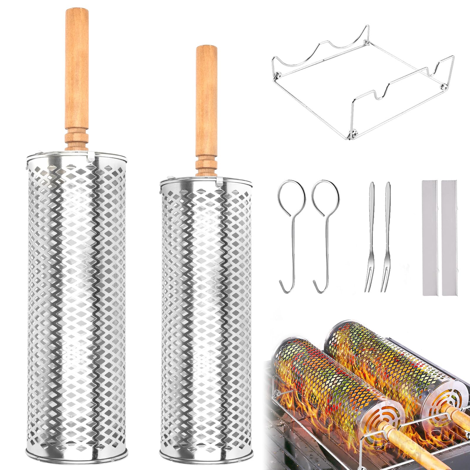 Barbecue Accessoires, 2 Paniers à Griller Roulants Emboîtables Acier Inoxydable Épaissi, Poignée Bois Amovible