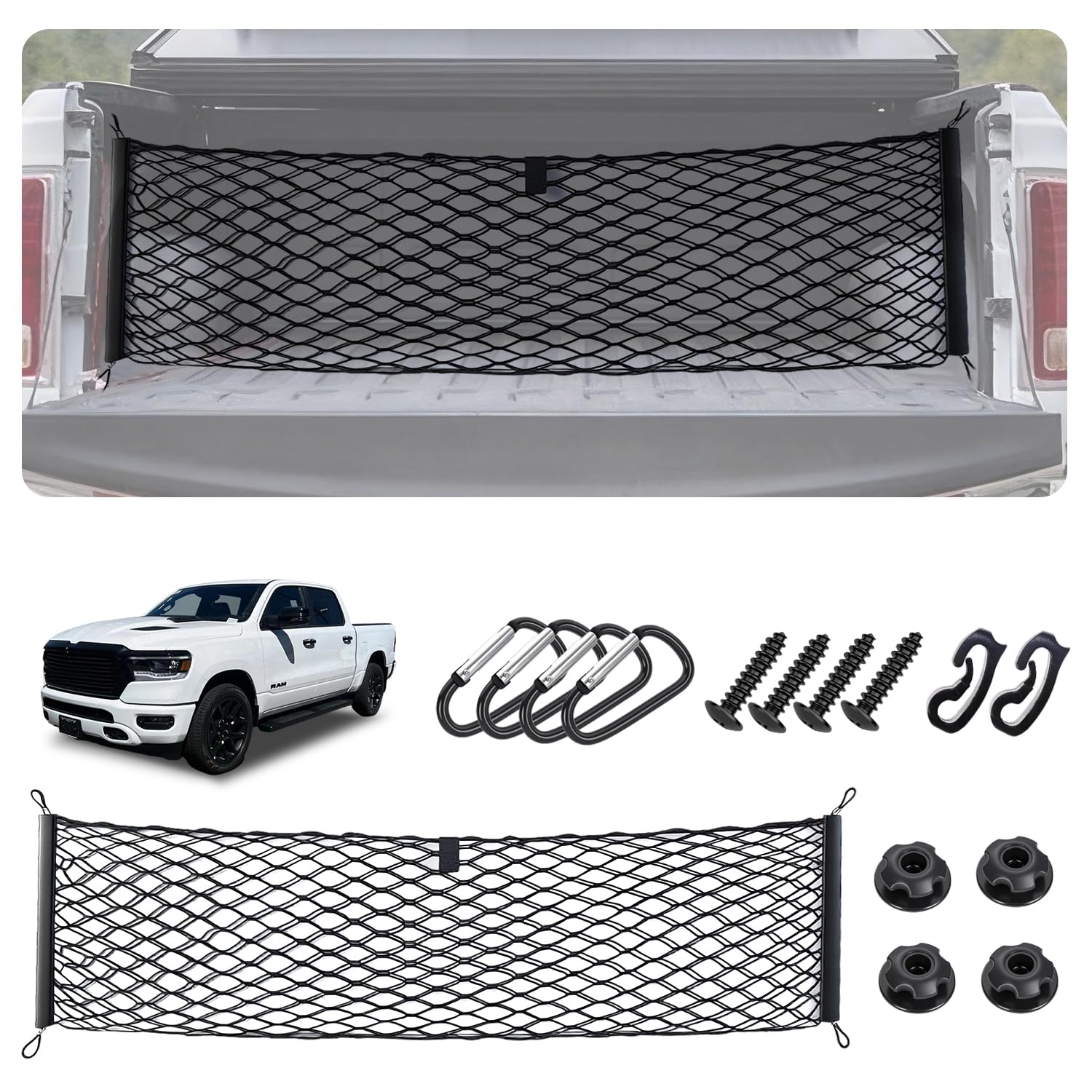 Envelope Style Truck Bed Cargo Net for Dodge Ram 1500 2019-2026 Accessories, Rear Trunk Mesh Cargo Net, Upgraded 5mm Bungee &amp; Double-layer Nylon Storage Tailgate Netting Grocery&amp;Tools Holder Organizer