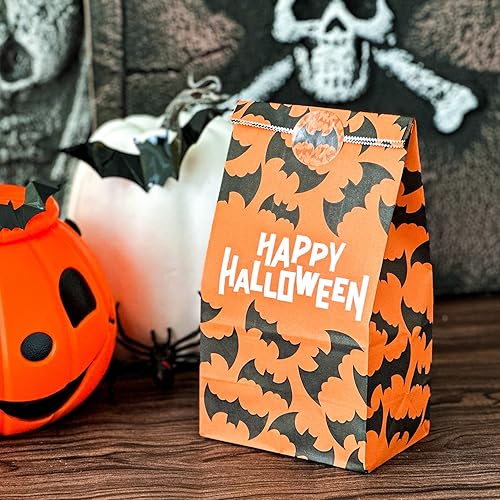 Miniatura 5 de OurWarm 60 bolsas de regalo de Halloween, bolsas de regalo de papel, pequeñas bolsas de dulces para fiesta de dulces con calcomanías de truco o