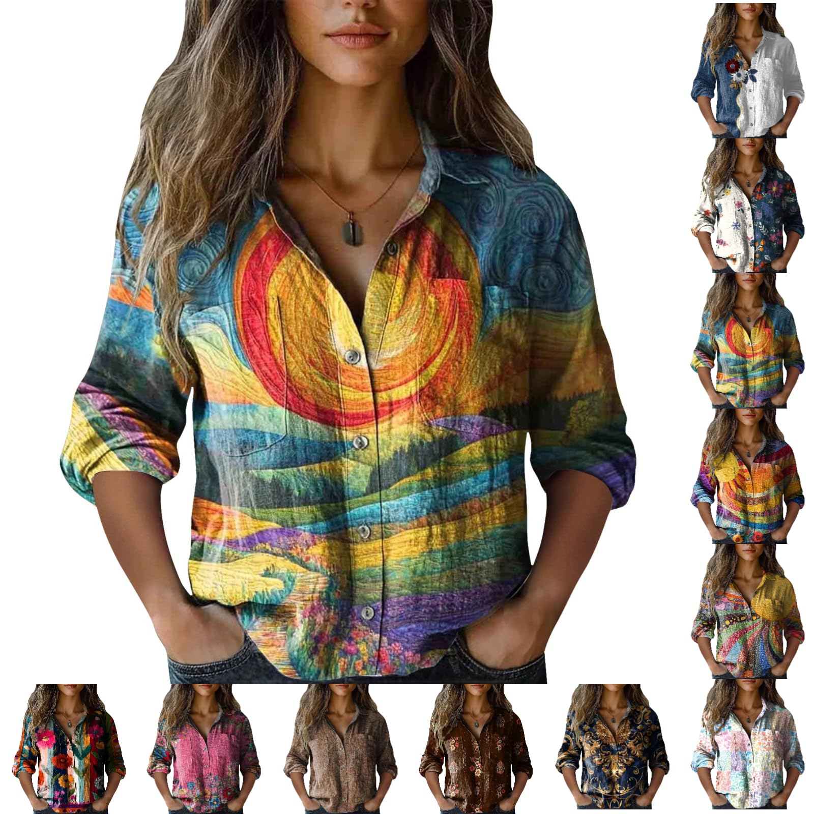 Womens 3/4 Sleeve Shirts Vintage Boho Retro Floral Print Tops Ladies Loose Fit Lightweight V Neck Button Down Blouses