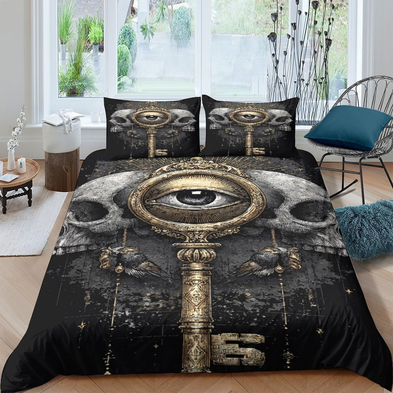 Ctjqhvkz Style-2 3D Printed Gothic Skull Eye Fitted Sheet Microfiber Black Gold Steampunk Key Bed Cover For Bedroom Dorm Decor Single（135X200cm）
