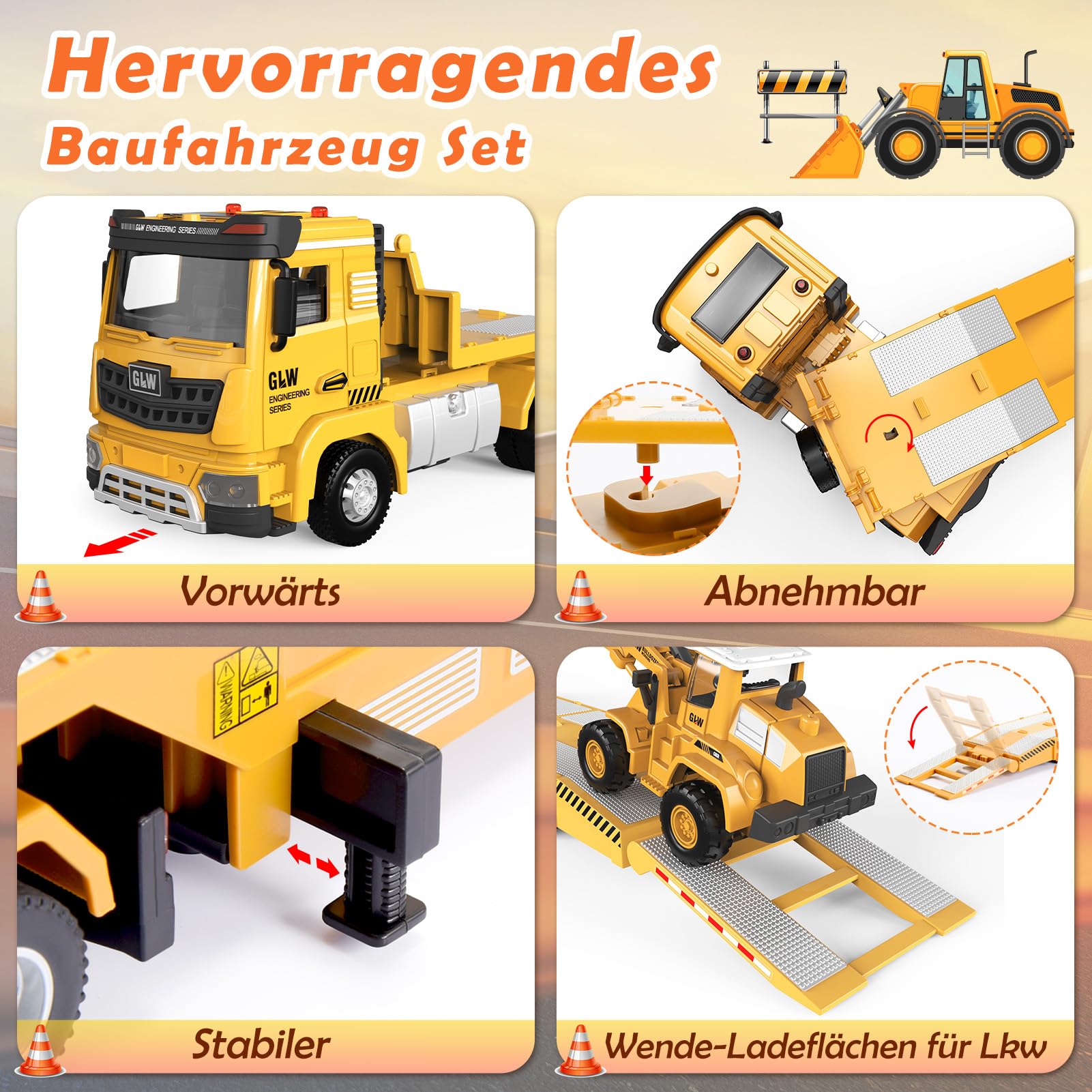 Spielzeug ab 3 Jahren Junge: Kinderspielzeug LKW mit Bagger, Bulldozer, Langen Baustellenfahrzeugen Autotransporter Lastwagen mit Licht und Sound, Kindergeschenke für Jungen ab 3 4 5 6 7 Jahren