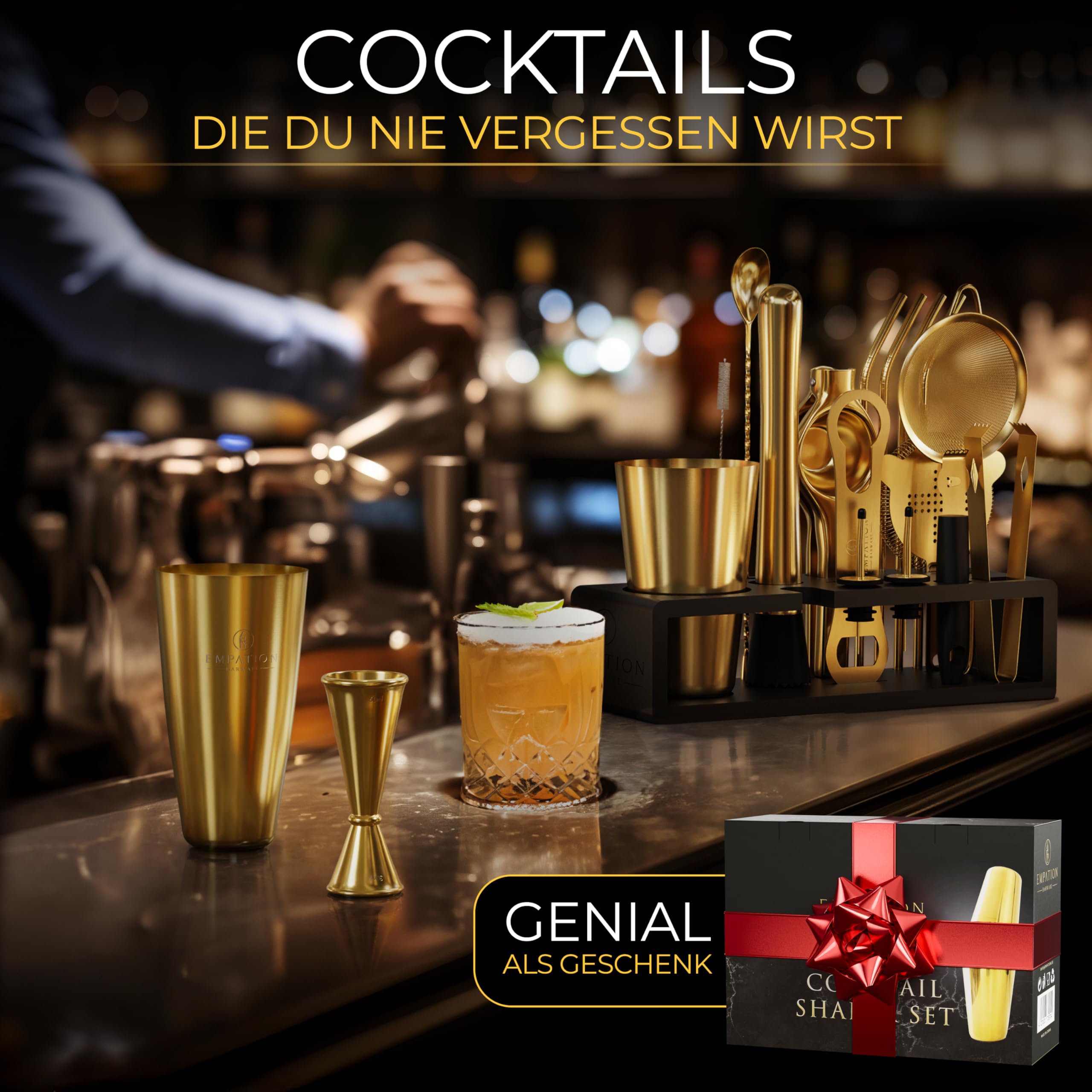 EMPATION Juego de cóctel dorado [ganador de la prueba] 825 ml Boston Cocktail Shaker de acero inoxidable, fácil de abrir y sin atascos, juego profesional con libro de recetas, juego de mezcla para