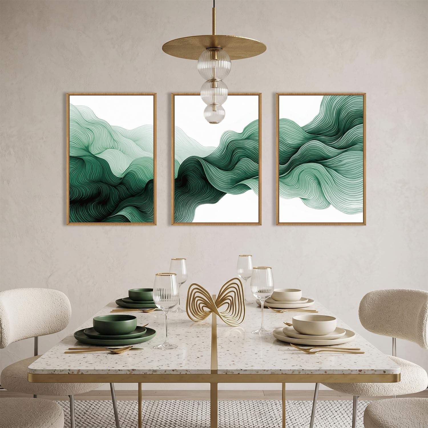 Abstract Emerald Green Waves Framed Canvas Wall Art Set-16"x24"x3 image 3