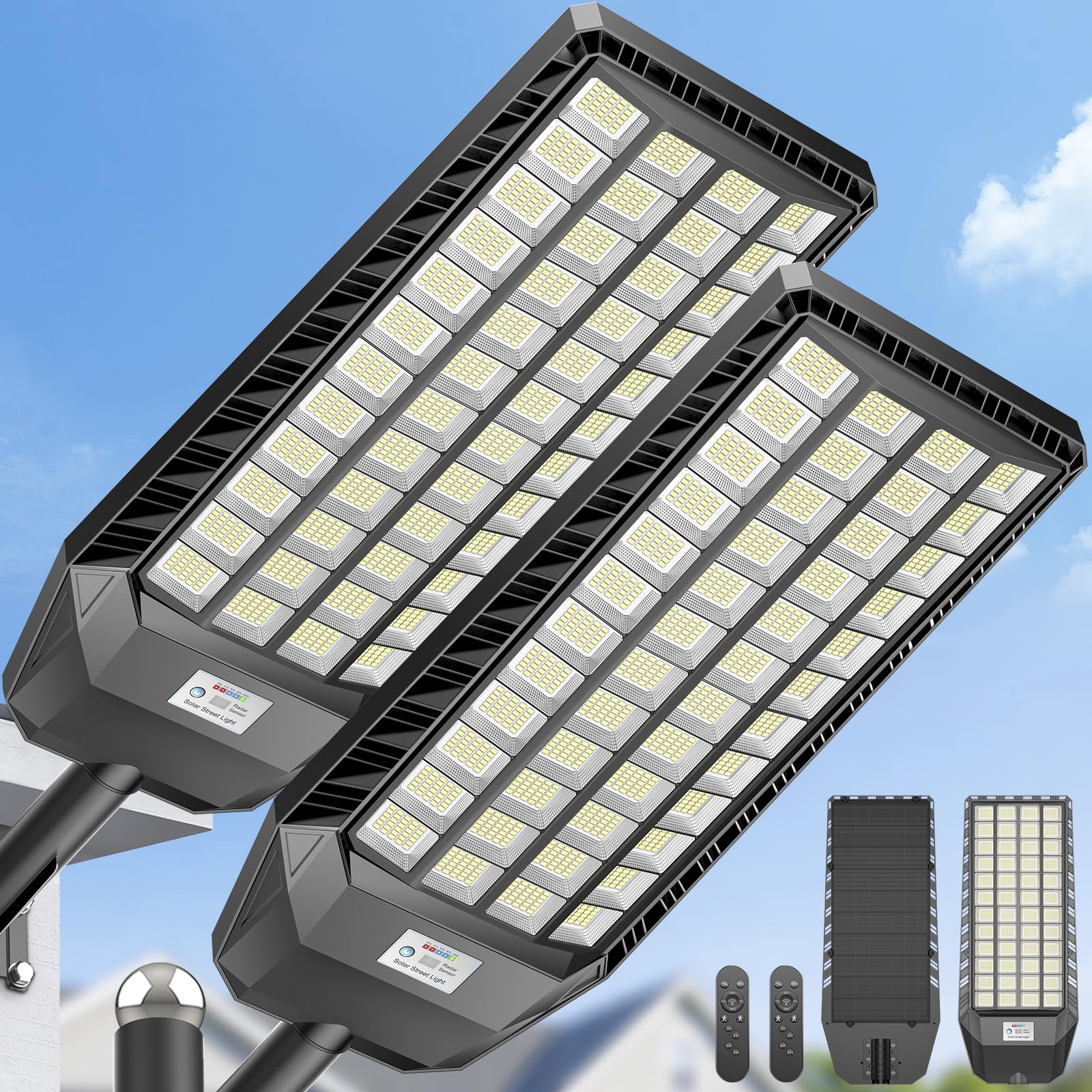 Photo 1 of Deepn Upgraded 15000W Solar Street Light, Large Size Commercial Solar Outdoor Lights with Motion Sensor, Extra Bright IP67 Waterproof LED Parking Lot Lights Outdoor for Yard, Farm & Pathway, 2 Pack