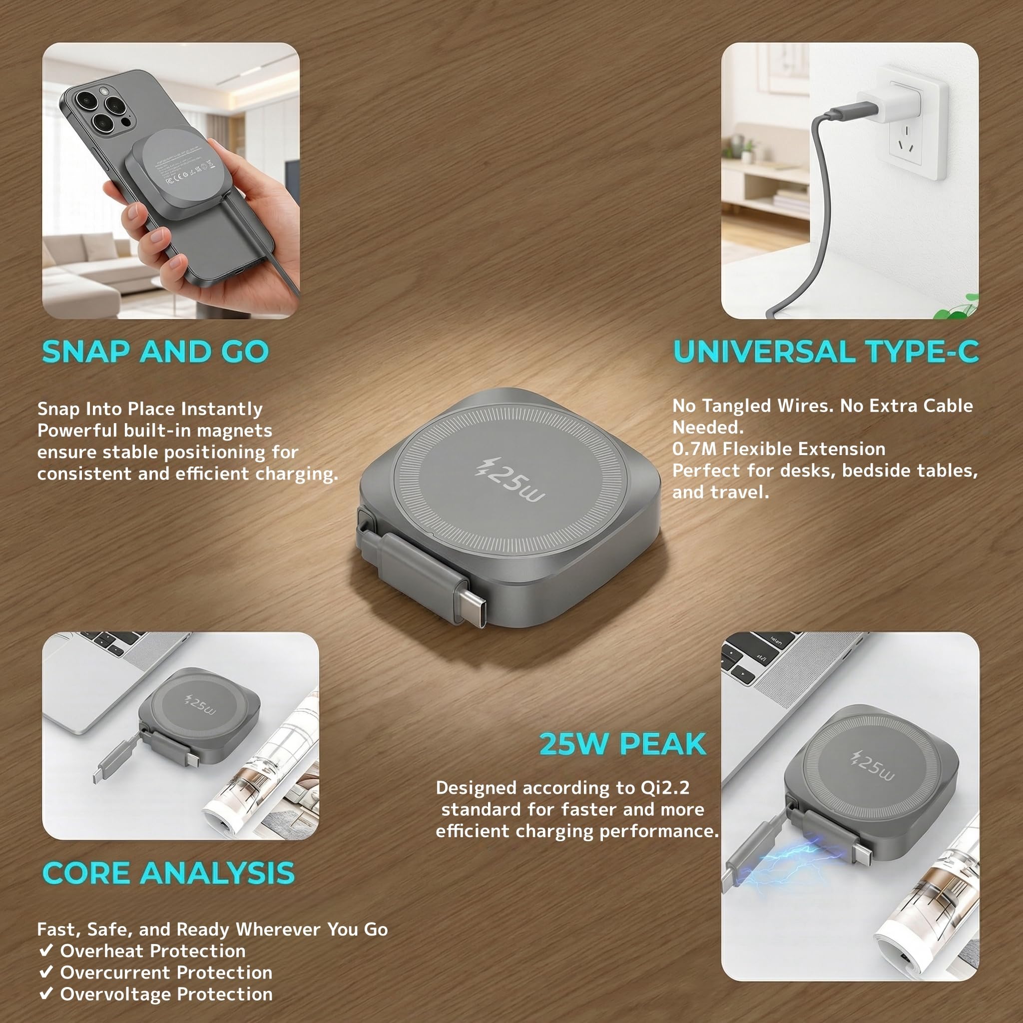 Caricatore Wireless Magnetico 25W con Cavo USB C Retrattile, Base Ricarica Wireless Veloce Qi2.2 Per iPhone 17/16/15/14/13/12/Airpods, Caricatore Portatile per Samsung Galaxy, Google Pixel ecc,Grigio