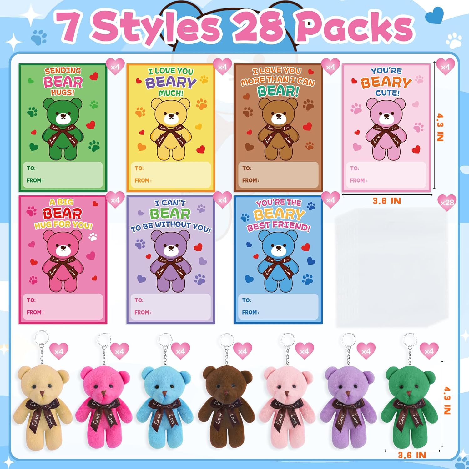 28 Packs Valentine's Day Cards with Mini Bears Plush Toys Keychains for Classroom Exchange, Valentine's Gifts Party Favors for Boys Girls School - Image 2