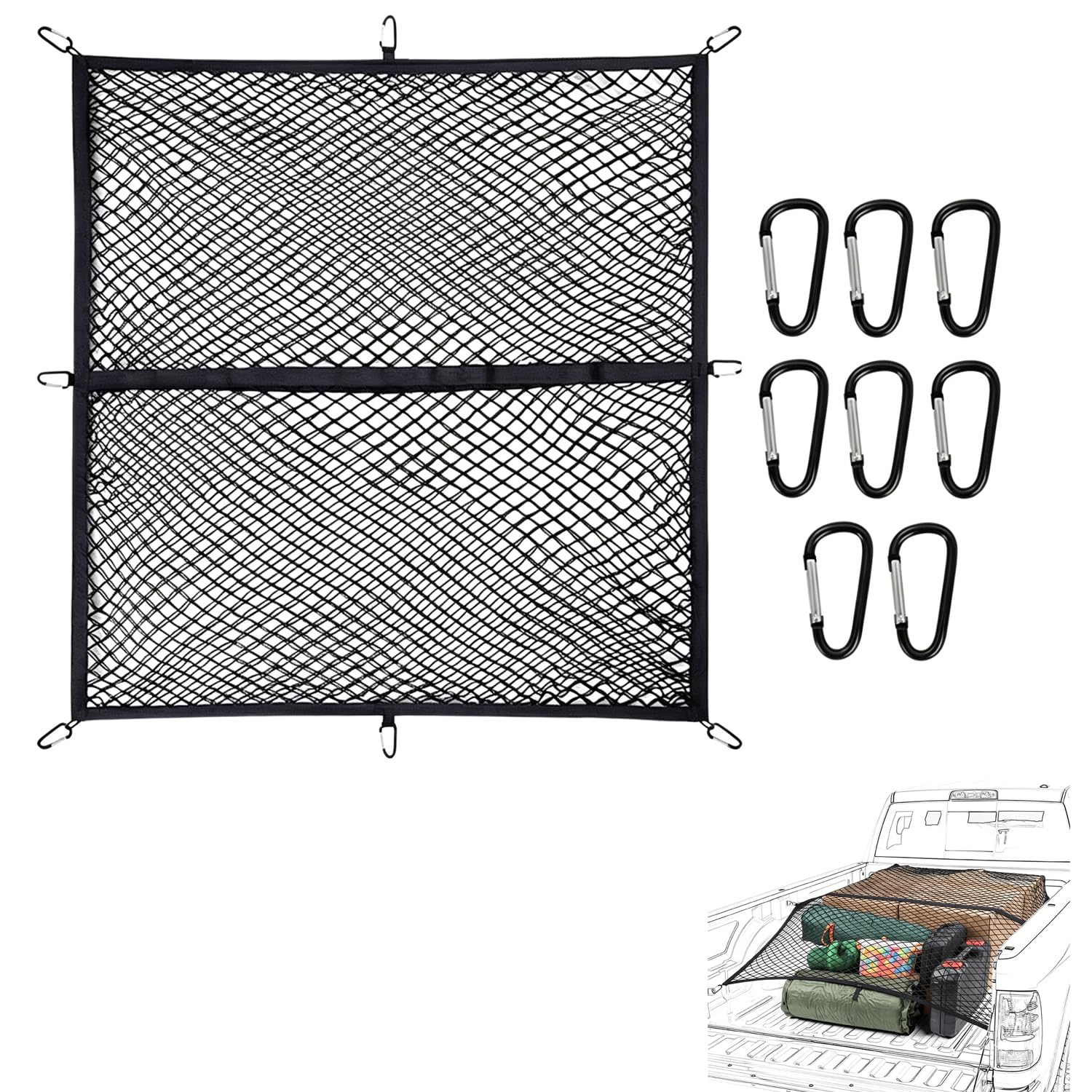 Rete Bagagliaio Auto,Rete Portaoggetti Elastica Semplice,Organizer Per Camion, Con 8 Ganci Metallici, Adatta Alla Maggior Parte Dei Veicoli,1,2 m x 1,2 m, Massima Estensione 2,4 m (a Doppio Strato)