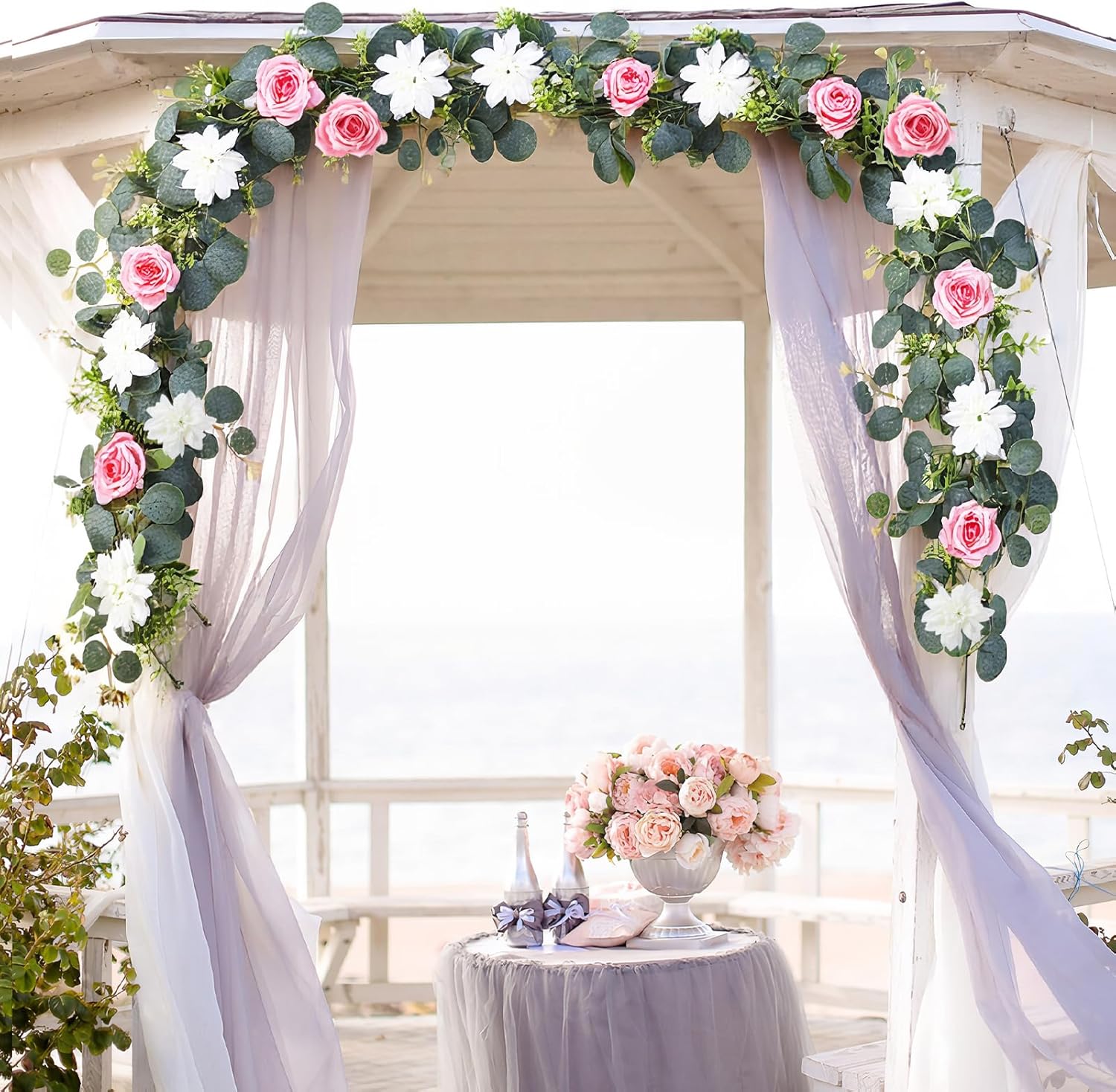 4 Pack Wedding Garland Set, Pink Rose & White Dahlia Hanging Flower Vines for Wedding Arch, Backdrop, Mantel, Home Decor (5.91ft)