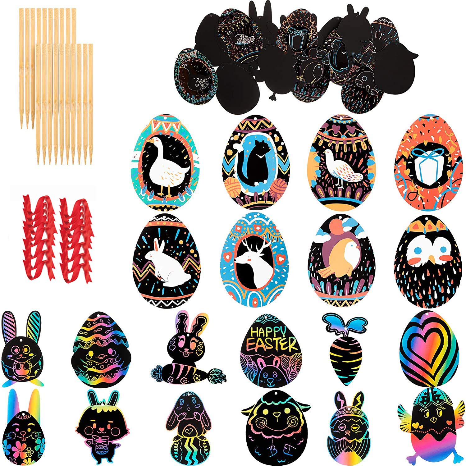 Easter Scratch Paper, 20 PCS Rainbow Magic Scratch Art Ornaments Egg Bunny Carrot Shape Drawing Notes Sheets Click Ribbons Hanging Arts Black Cards Room Decoration for Kids, Easter Craft Gifts