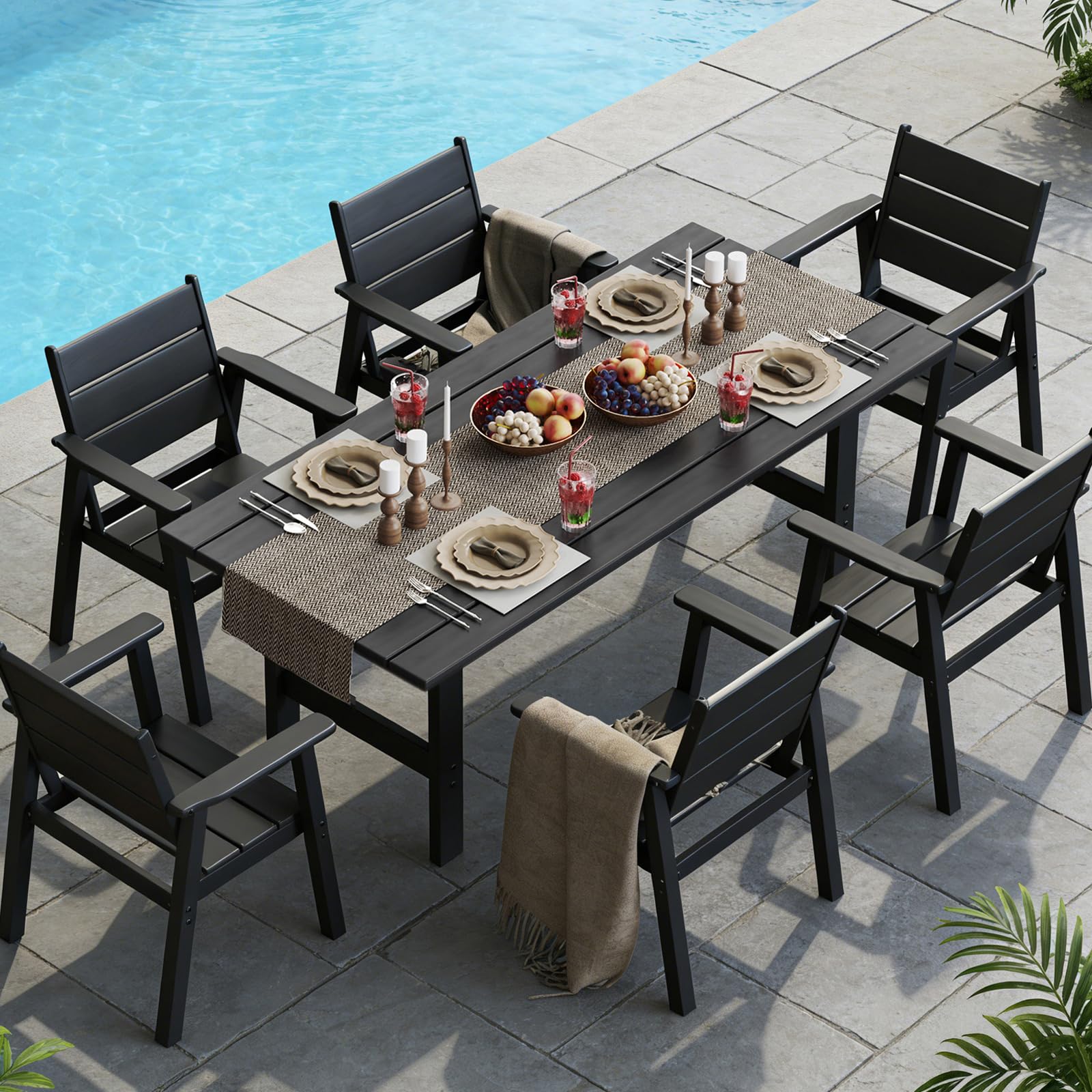Outdoor Dining Set for 6, 7-Piece Patio Table and Chairs Set, HDPE Outdoor Dining Table and Chairs with Umbrella Hole, All-Weather Dining Furniture Set,Black