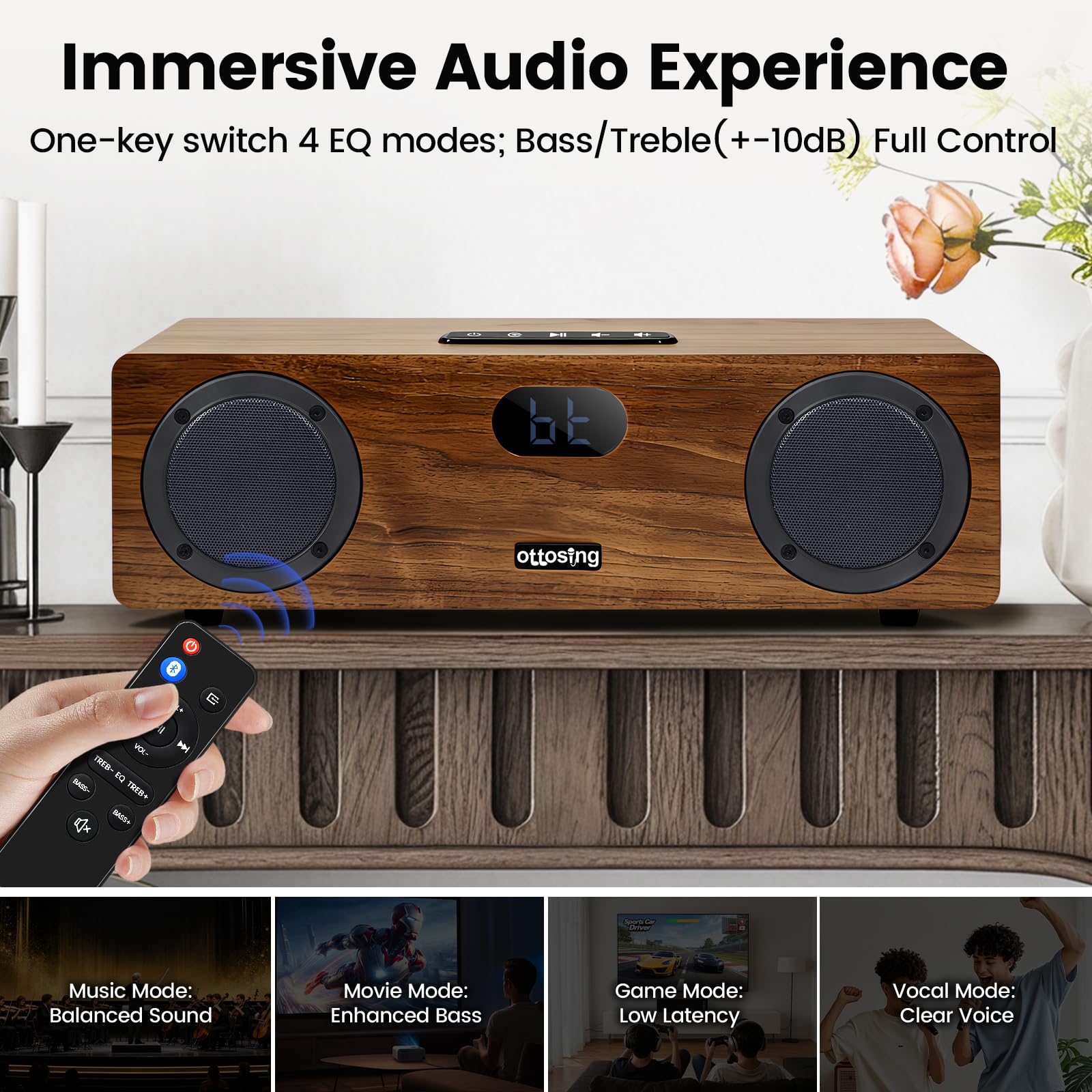 Altoparlante Bluetooth 5.0 a 2.1 canali, doppio suono potente da 15 W + subwoofer da 30 W, ottico/coassiale/HDMI ARC/AUX/USB, DSP Tuning sistema audio in legno per TV/feste/karaoke (CT-400-21