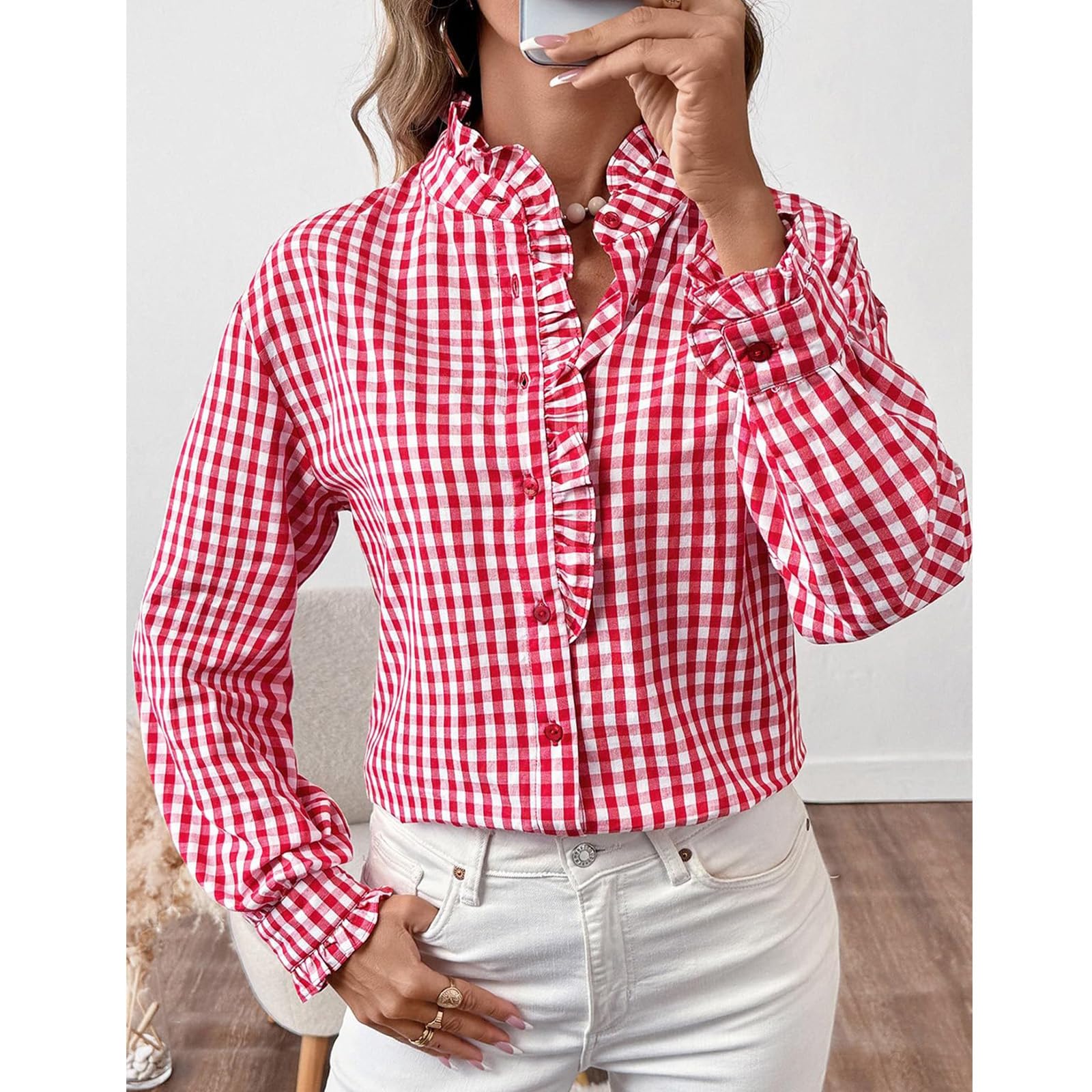 Blusa a cuadros con cuello en V y botones para mujer, estilo casual, de manga larga, a cuadros, a la moda, camisas a cuadros para mujer