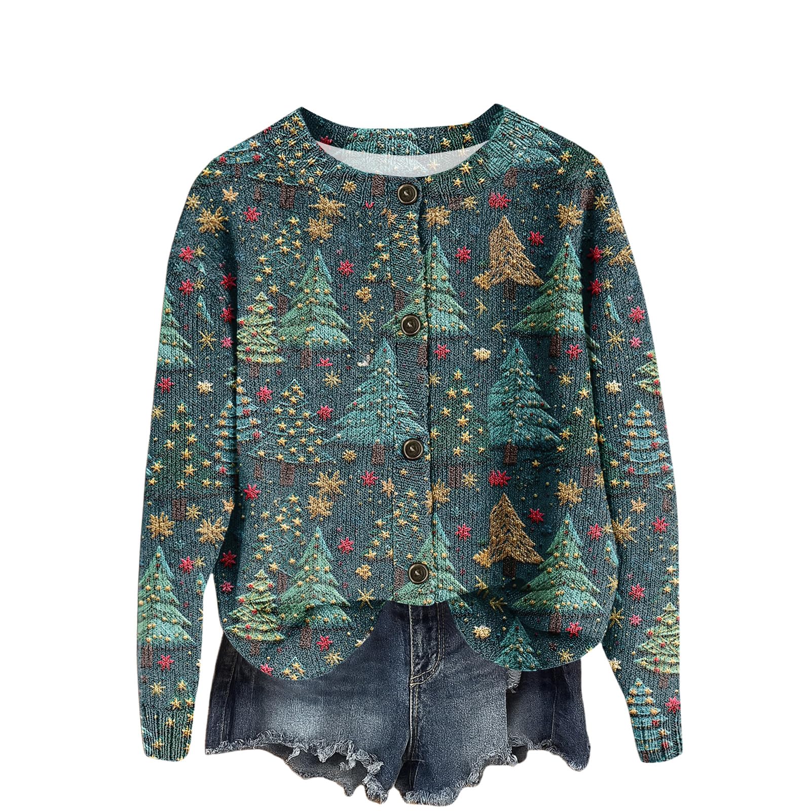 Womens Christmas Sweater New Years Holiday Reindeer Long Sleeve Open Front Sweater Cardigan