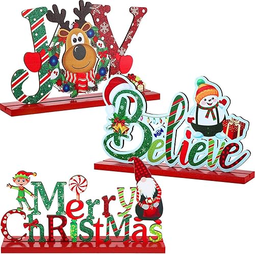Blulu 3 centros de mesa de Navidad, letrero de madera con texto en inglés "Merry Christmas", muñeco de nieve, centros de mesa para Navidad, fiestas,