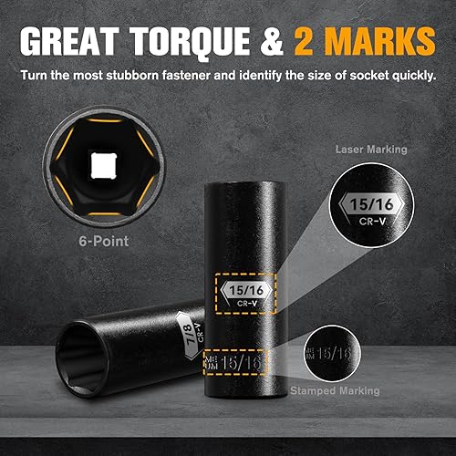 Miniatura 3 de PGROUP Juego de llaves de impacto profundo de 12 pulgada, 17 piezas de tamaños SAE estándar de 6 puntos (38 pulgadas a 1-14 pulgadas), acero Cr-V,