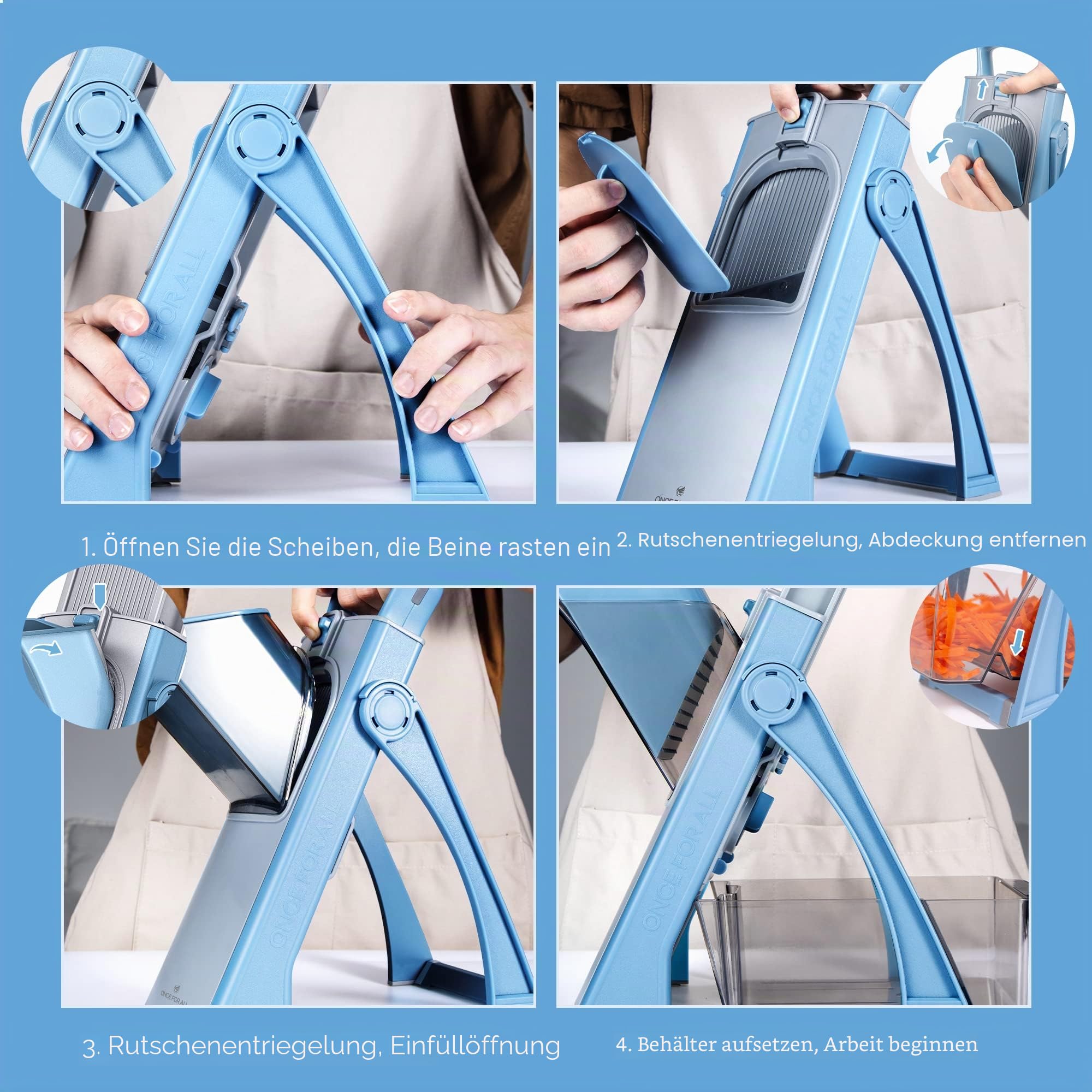 ONCE FOR ALL Gemüseschneider mit Auffangbecken (Blau) | Gemüsehobel ideal als Pommesschneider&Kartoffelschneider,Zwiebelschneider Gurkenhobel - Würfelschneider, Julienner,Geschenk