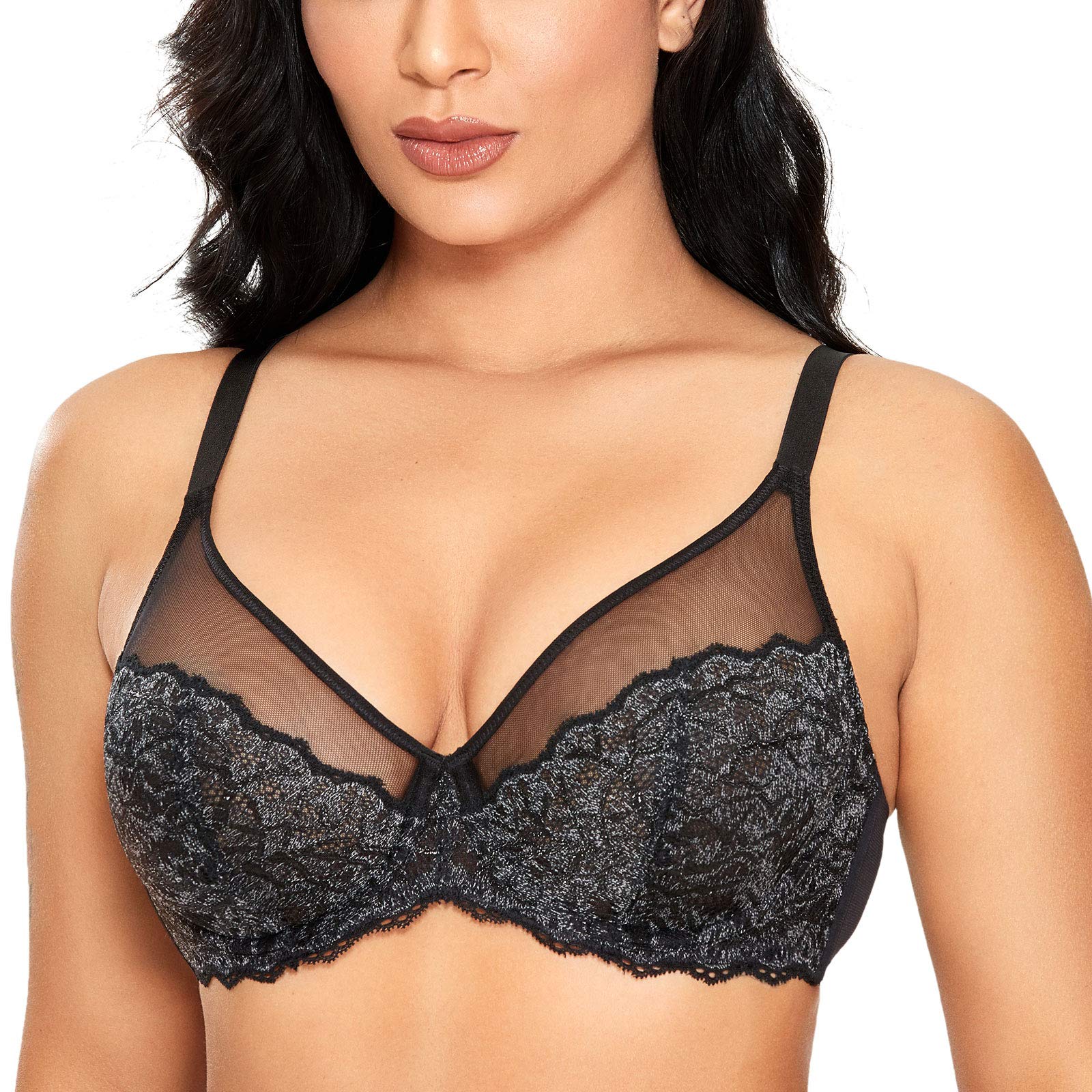 DOBREVAWomen's Underwire Lace Bra Unlined Minimizer Plus Size Full Coverage See Through