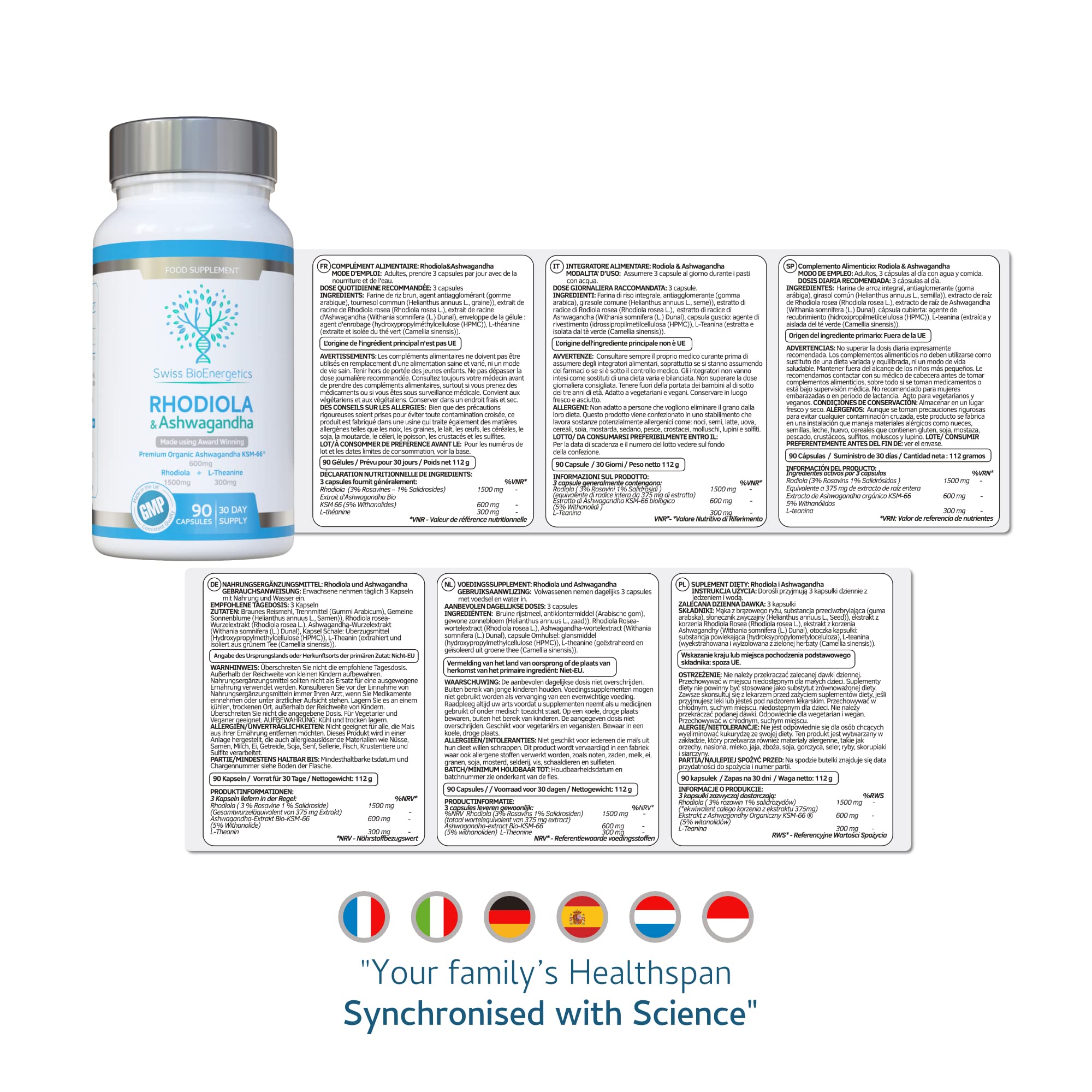 Rhodiola & Ashwagandha con L-theanine – KSM-66 600mg & 1500mg Rhodiola (3% Rosavins – 1% Salidrosides) Integratore Adaptogen per energia, stress e relax