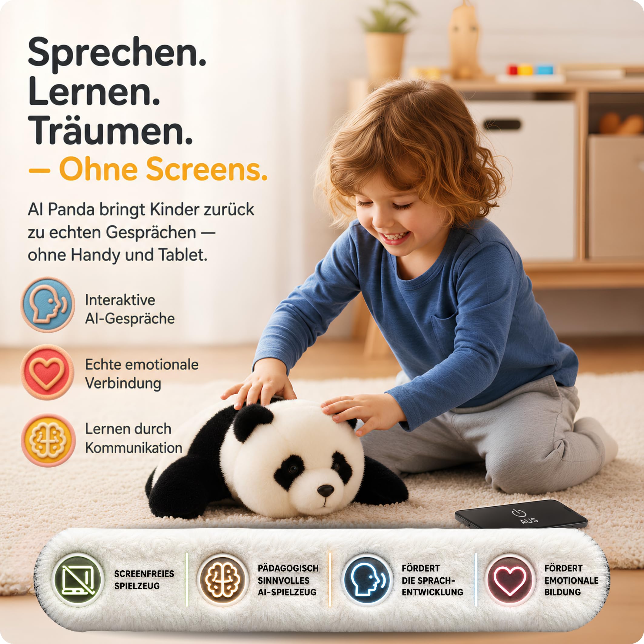 ZENET Interaktives Kuscheltier Smart Panda AI für Kinder ab 3 Jahre, 48cm | Sprechendes Spielzeug, Lernspielzeug, KI-gesteuertes Nachsprechendes Plüschtier mit Mobile App, Sprachlernen, 5 Spielmodi