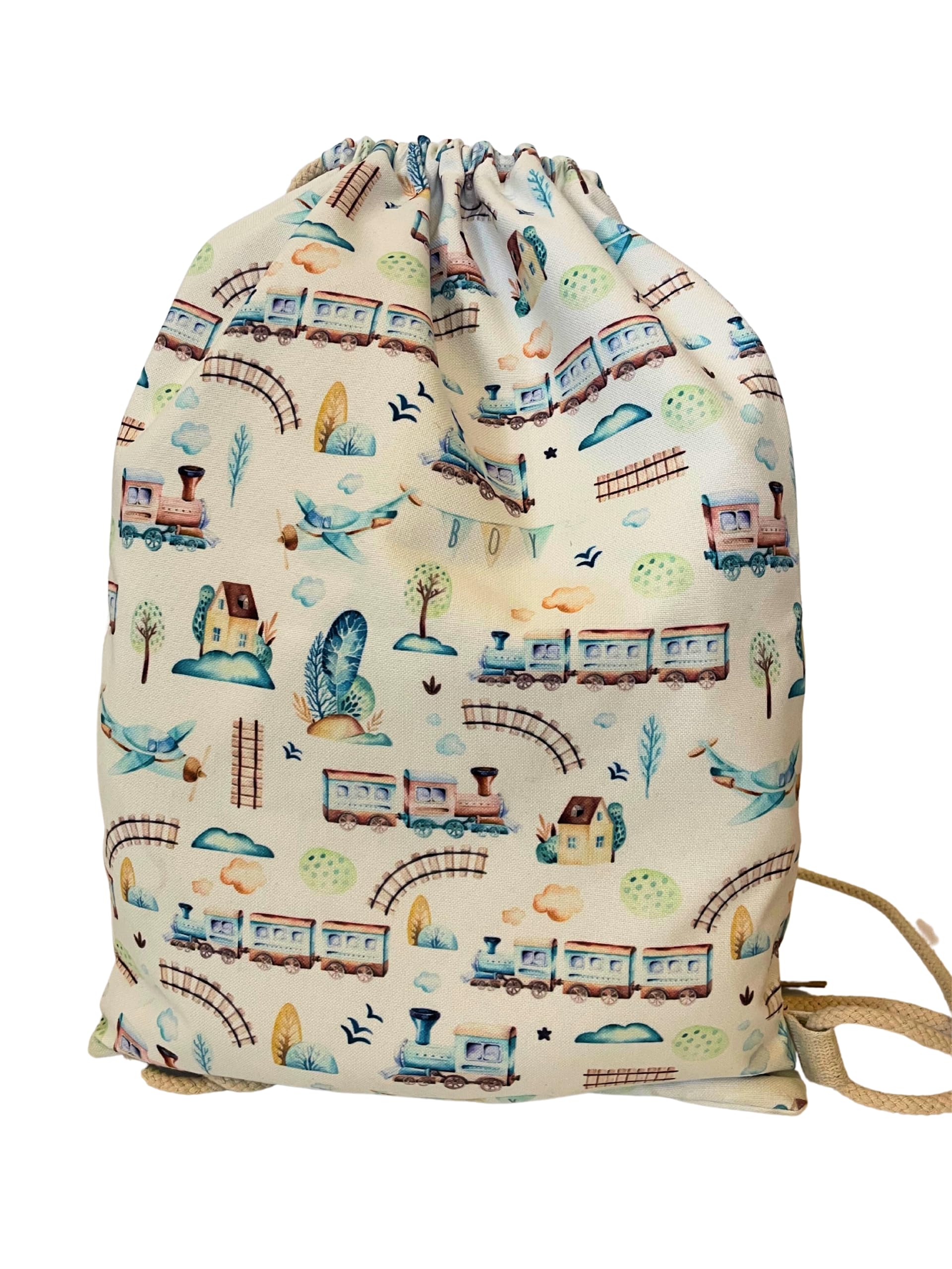 Tiny TotsWaterproof Drawstring Bag for Swim, Beach, Extra Curricular Activites, Sports for Toddler and Kids Boys - Train Theme