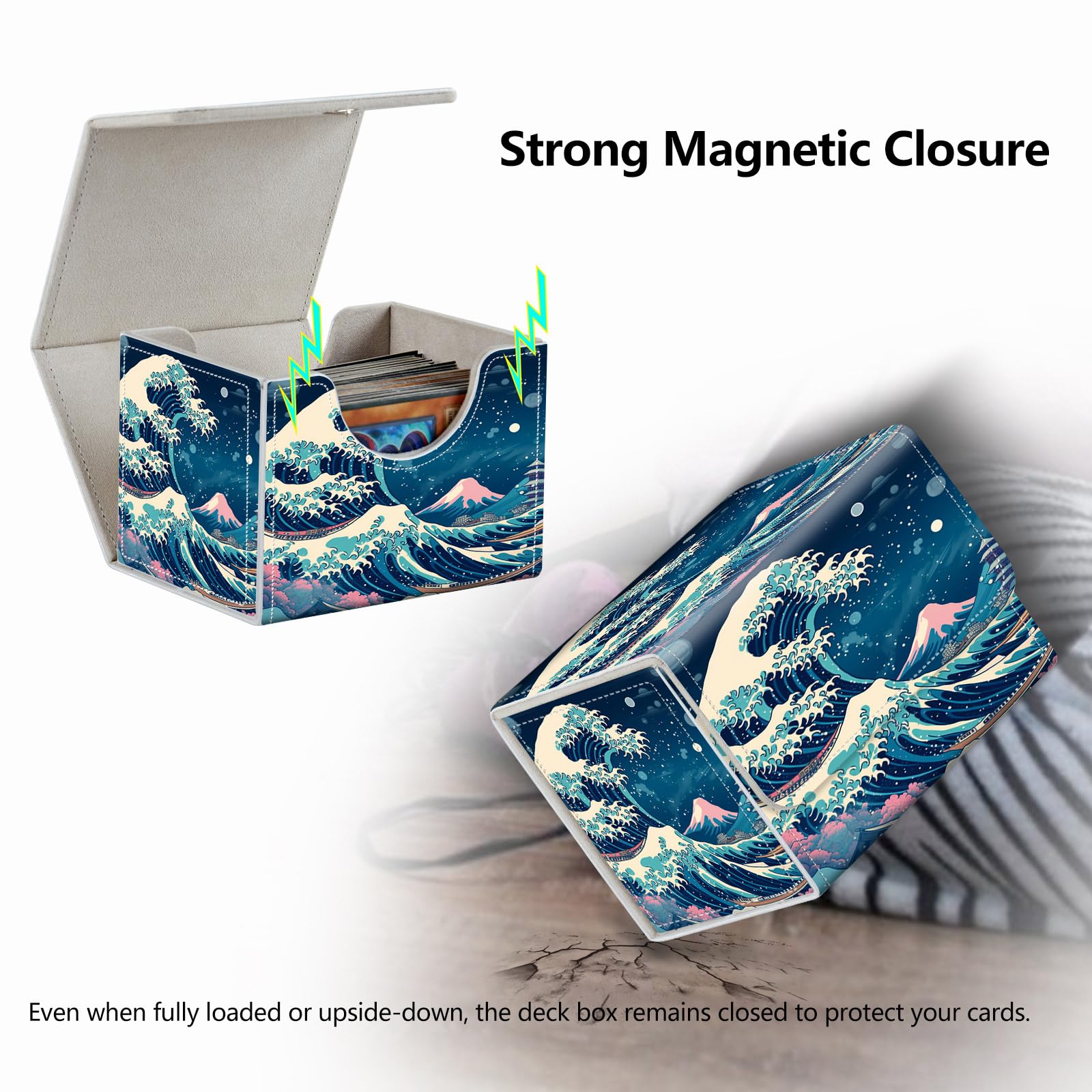Scatola per carte con magnete forte, scatola per carte da gioco, scatola magica TCG fino a 200 carte, motivo creativo, per giochi di carte collezionabili, onde blu