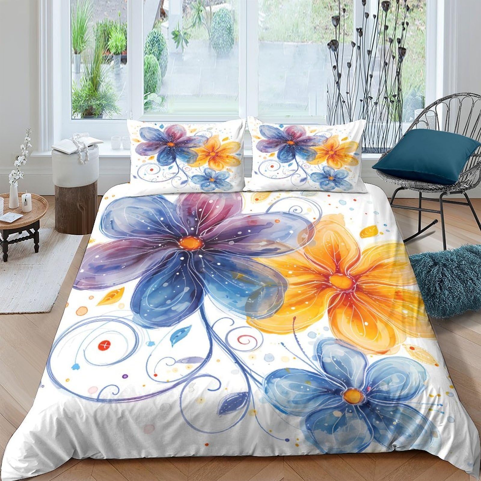 Ctjqhvkz Style-7 3D Printed Watercolor Floral Fitted Sheet Microfiber Soft Yellow Blue Flower Bed Cover For Bedroom Guestroom Decor Single（135X200cm）