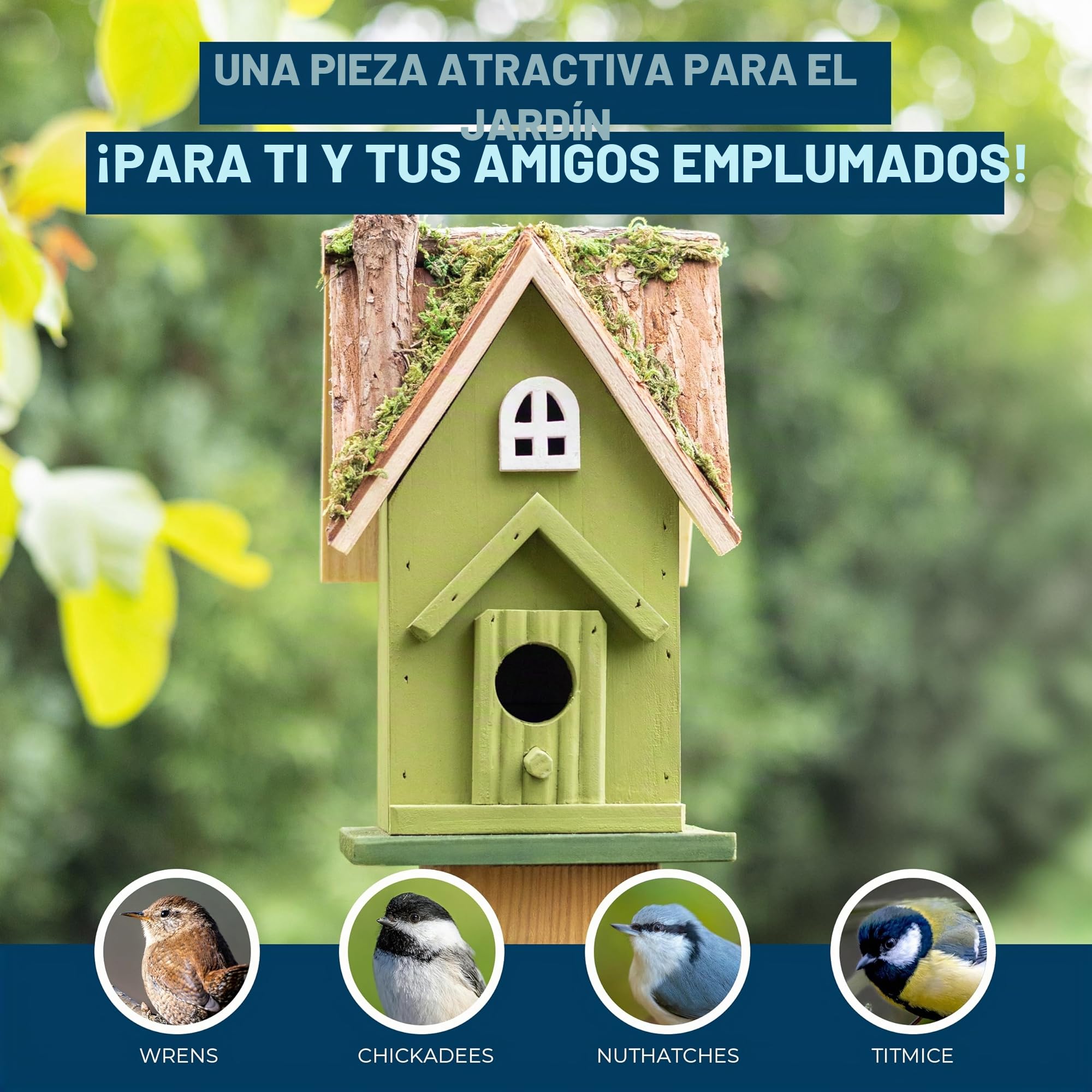 MP Casa de Pájaros para Exterior, Pintada a Mano | Con Puerta para Fácil Limpieza, Ideal para Carboneros y Chochines