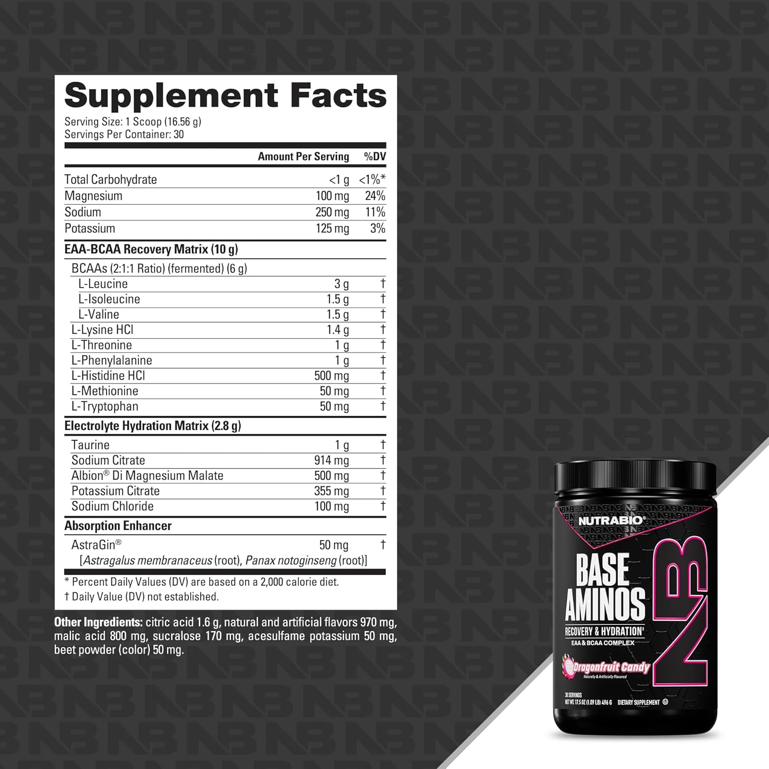 NutraBio Base Aminos EAA + BCAA Powder –10g Essential Amino Acids Supplement, 6g 2:1:1 BCAAs, 2.8g Hydration Matrix with Electrolytes & Absorption Enhancer AstraGin® – 30 Servings- Dragon Fruit Candy