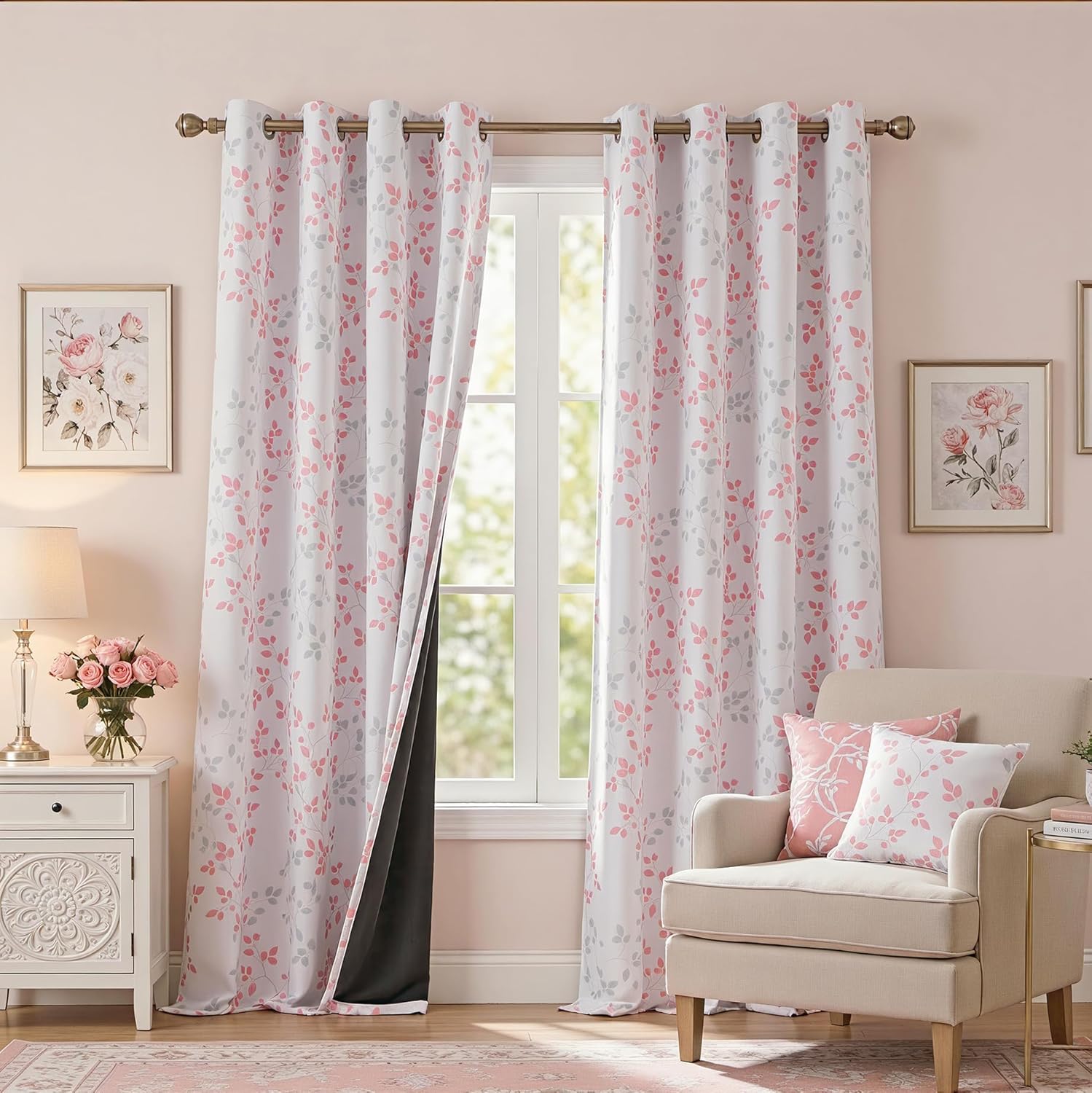 MEETSKY Pink Curtains for Girls Bedroom 95% Blackout Nursery Curtains 84 Inches Long- Leaf Patterned Curtain for Kids Nursery Thermal Insulated Grommet Window Drapes, Each Panels 52 Inch Wide