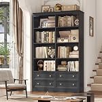 FINETONES 71" Black Bookshelf with 4 Drawers, 6-Tier Double Wide Bookcase, Tall Bookcase with Storage, Standing Book Cabinet for Home Office