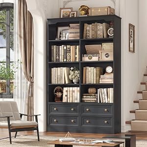 FINETONES 71" Black Bookshelf with 4 Drawers, 6-Tier Double Wide Bookcase, Tall Bookcase with Storage, Standing Book Cabinet for Home Office
