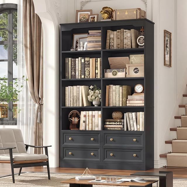 FINETONES 71" Black Bookshelf with 4 Drawers, 6-Tier Double Wide Bookcase, Tall Bookcase with Storage, Standing Book Cabinet for Home Office