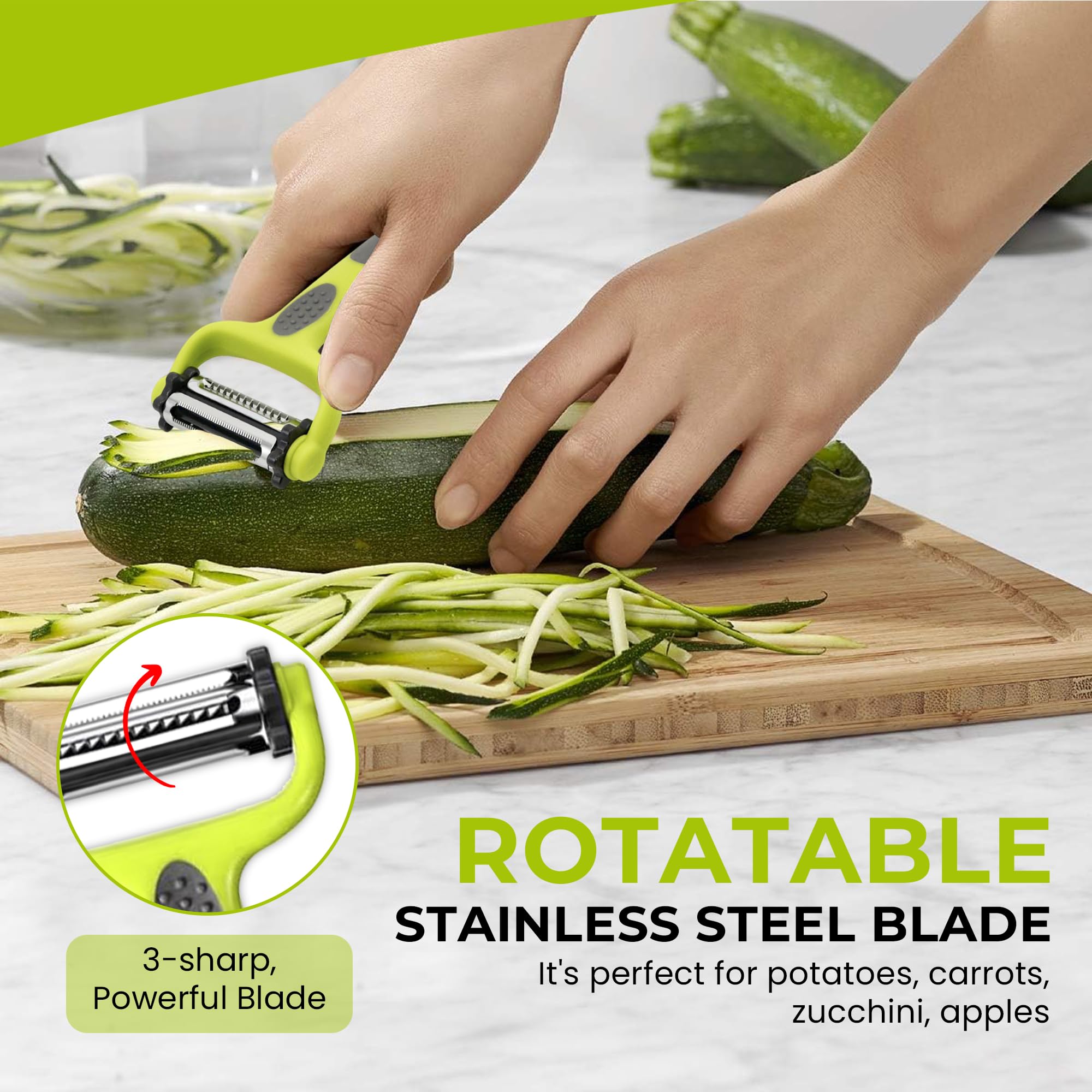 Pelador de verduras giratorio 3 en 1 con hoja de acero inoxidable, pelador vertical dentado y recto para papa, zanahoria, manzana, juego de 3 piezas, mango ergonómico antideslizante, hoja 6